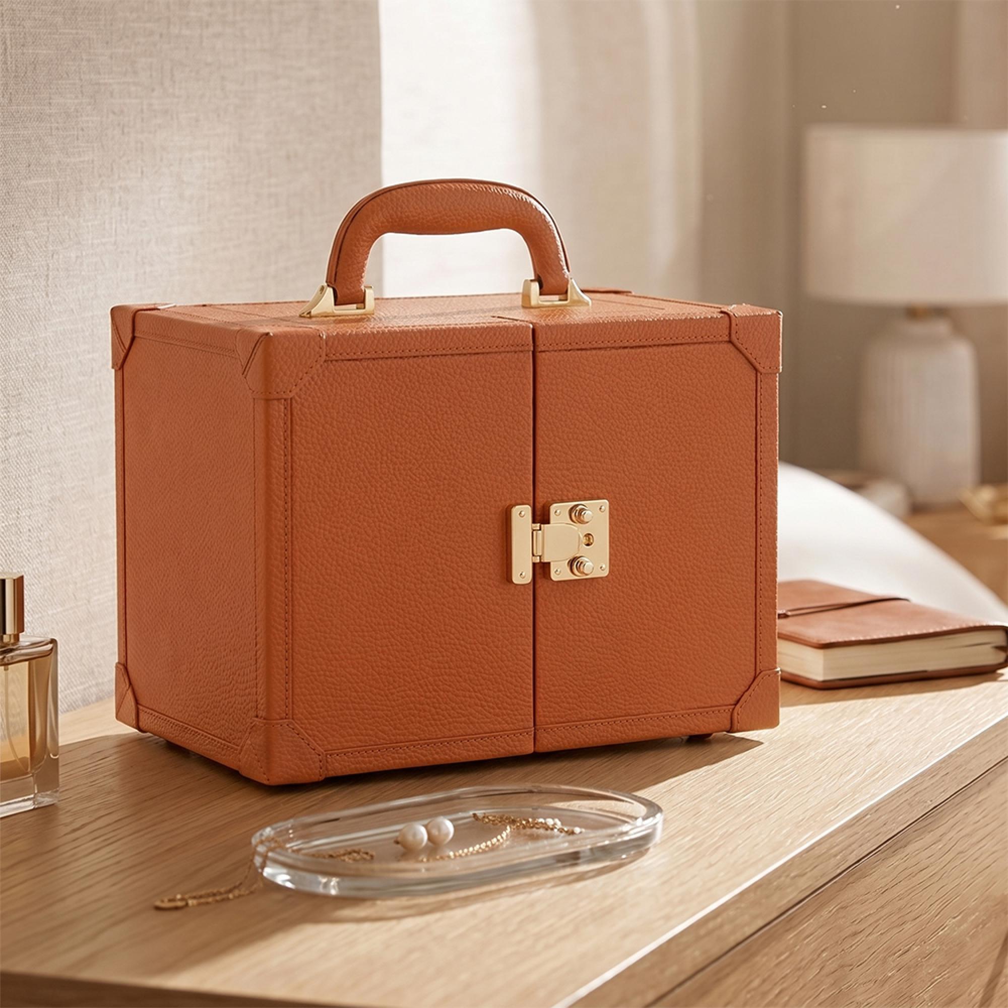 Artificial Jewellery Case - with Handle - Cognac - Leather and Wood
