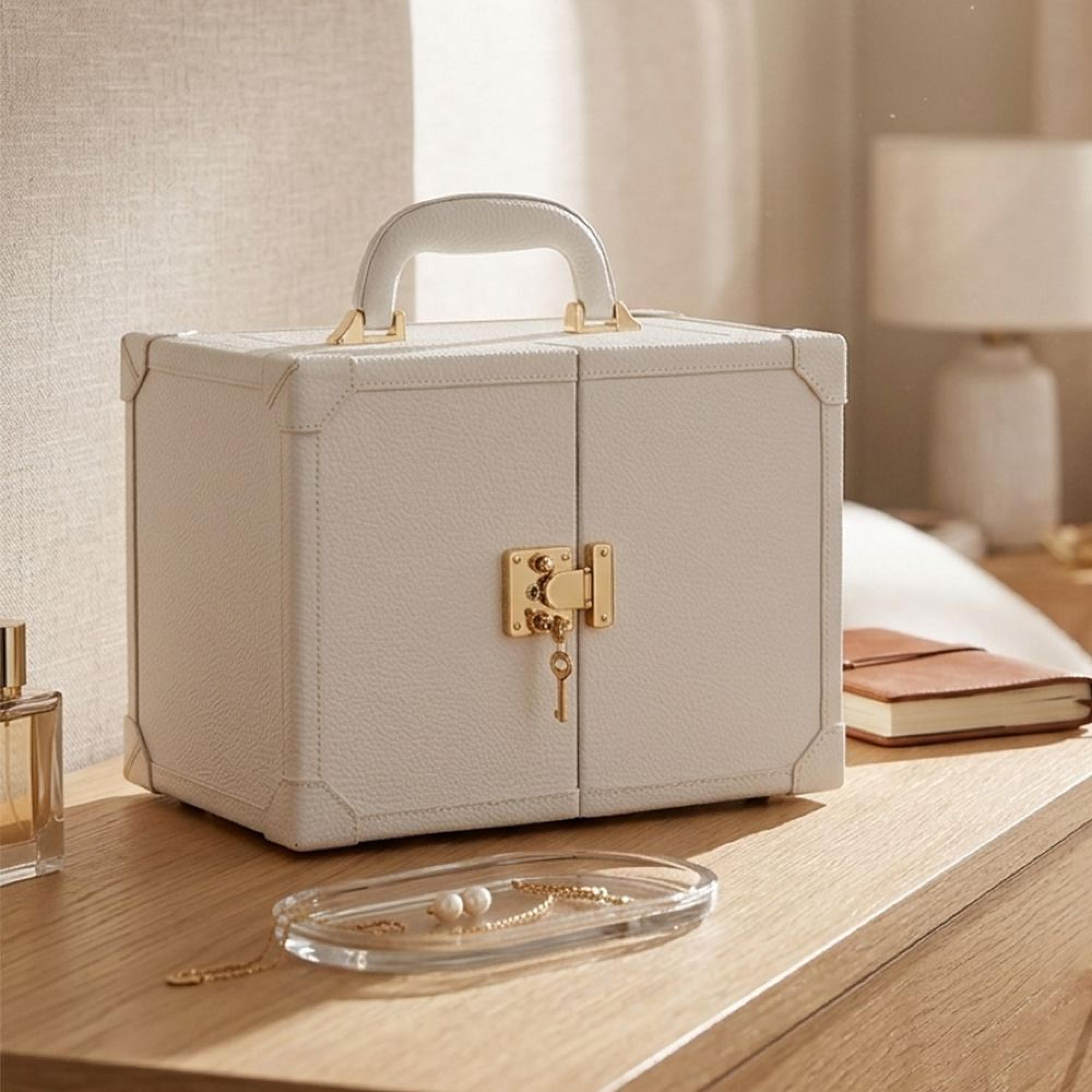 Artificial Jewellery Case - with Handle - White - Leather and Wood