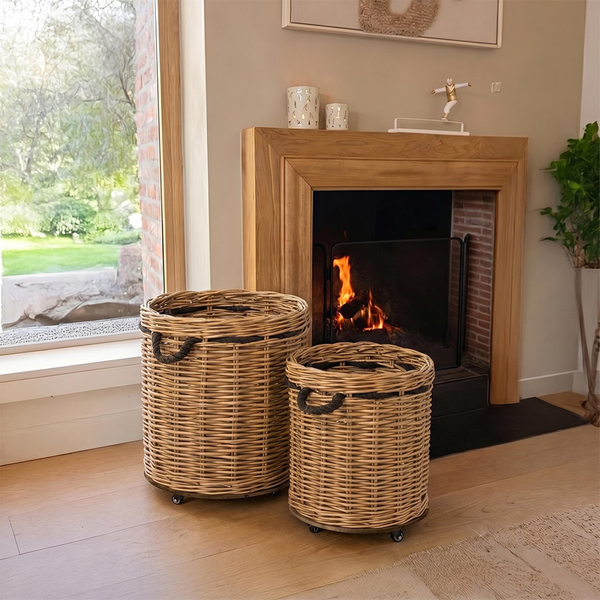 Flowerpot Storage Basket - Set of 2 - Round - On Wheels - Natural and Grey - Wicker and Bamboo Wood
