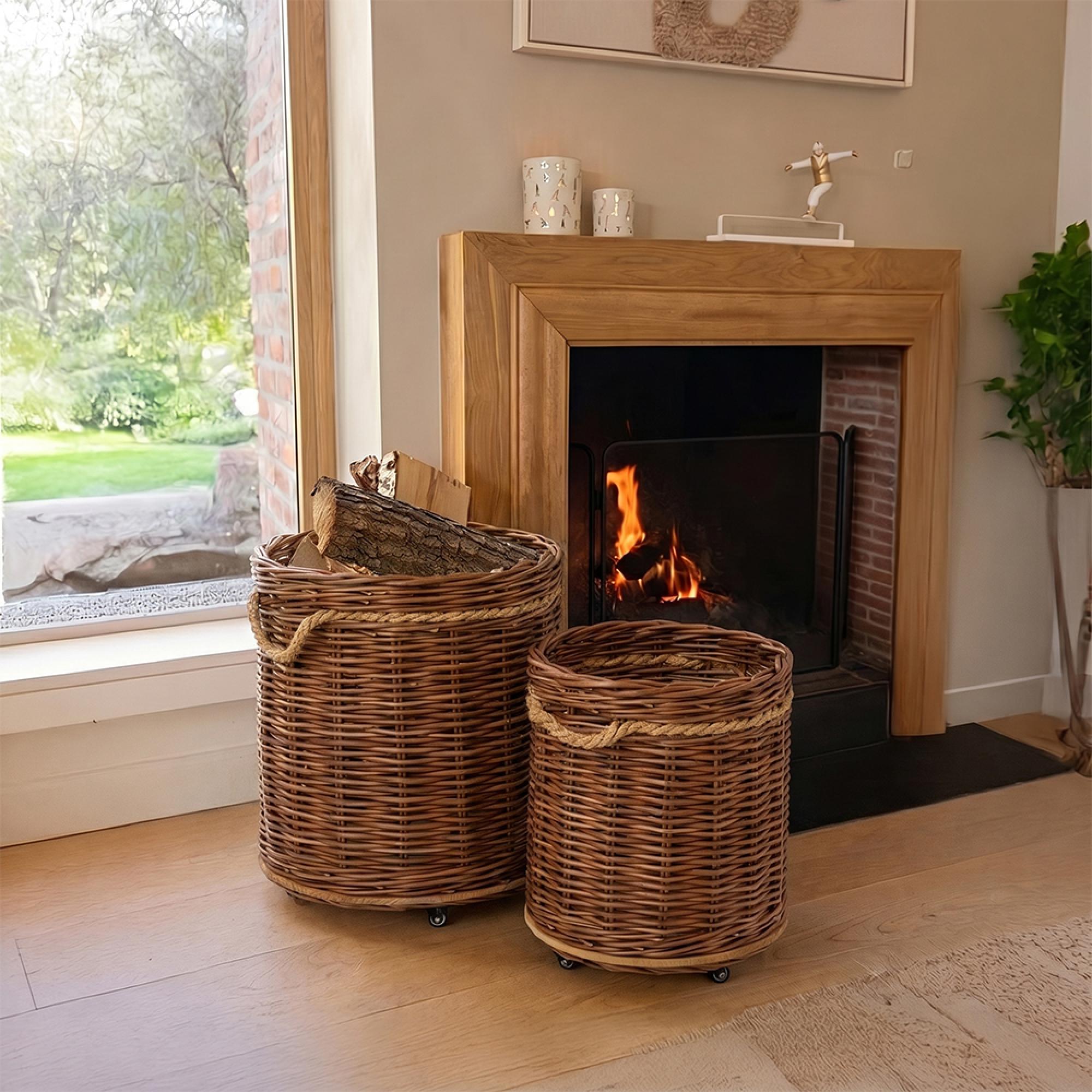 Flowerpot Storage Basket - Set of 2 - Round - On Wheels - Rust Brown and Natural - Wicker and Bamboo Wood