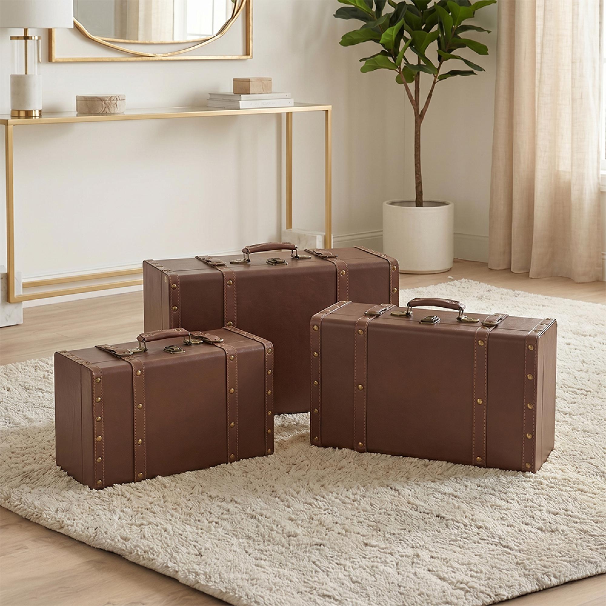 Storage Box - Set of 3 - Brown - Leather and Wood
