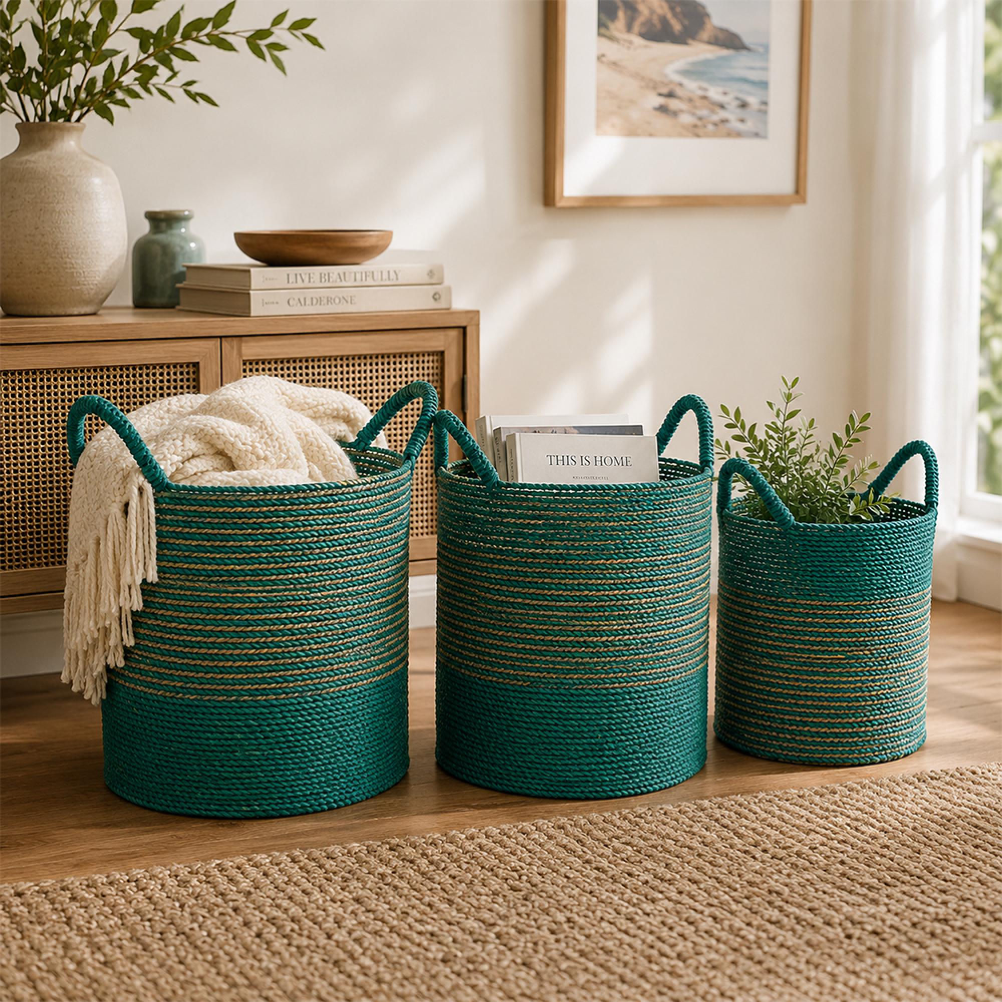 Striped Basket - Set of 3 - Round - Natural and Dark Green - Raffia