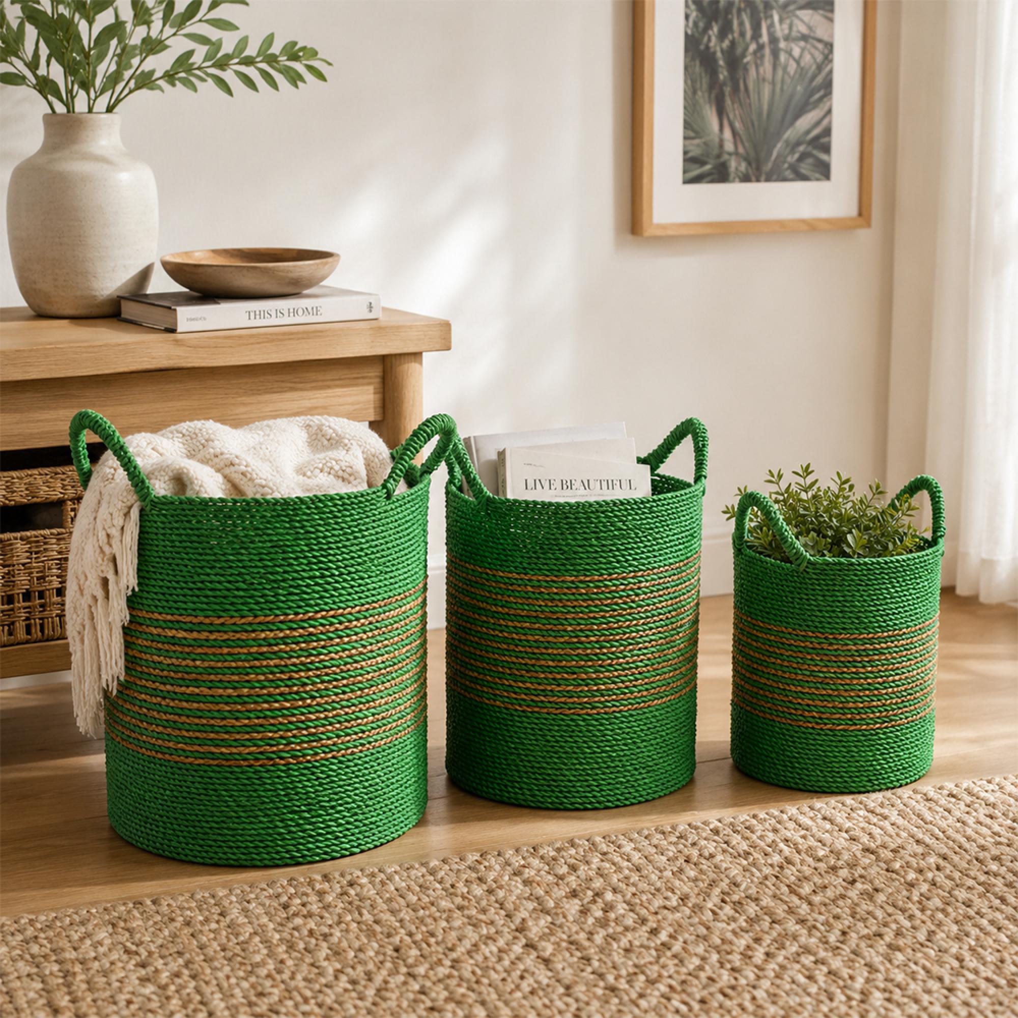 Striped Basket - Set of 3 - Round - Natural and Green - Raffia
