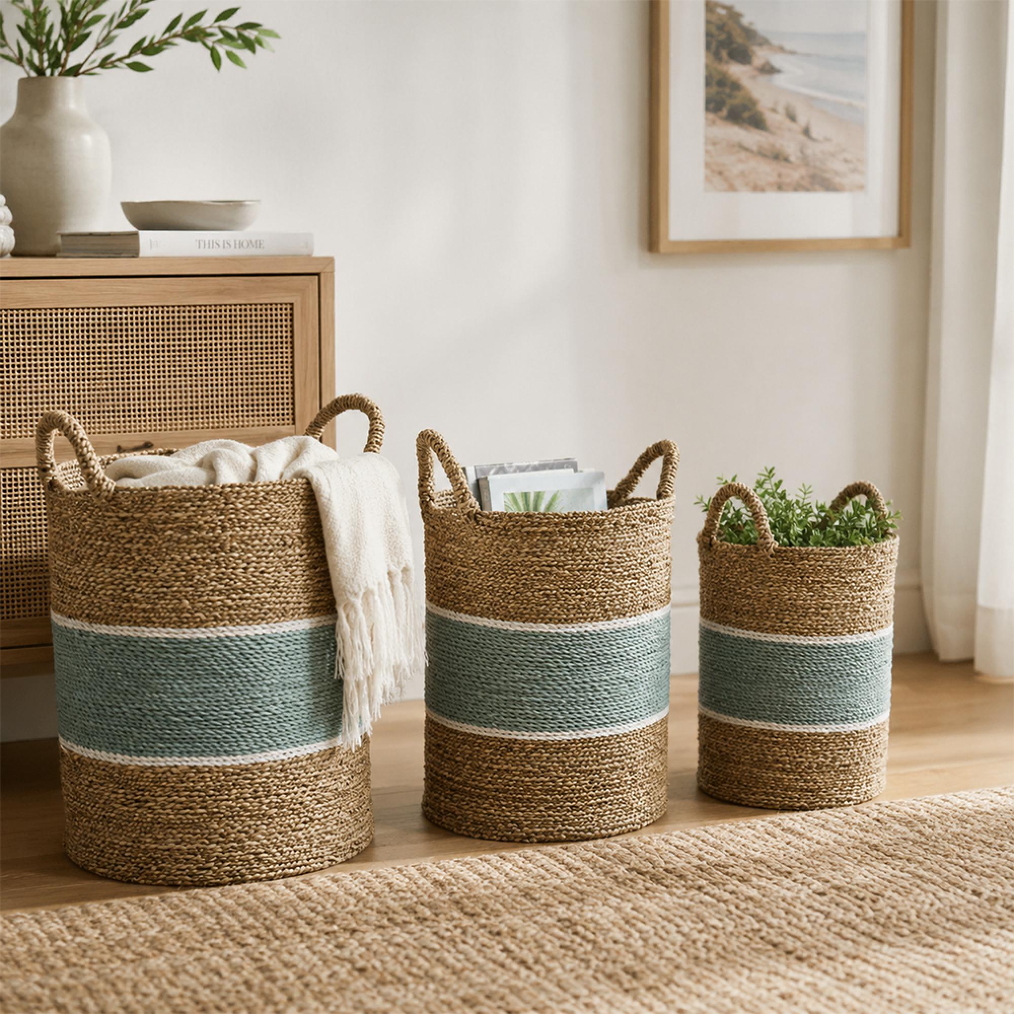 Striped Basket - Set of 3 - Round - Natural and Turquoise Blue - Seagrass