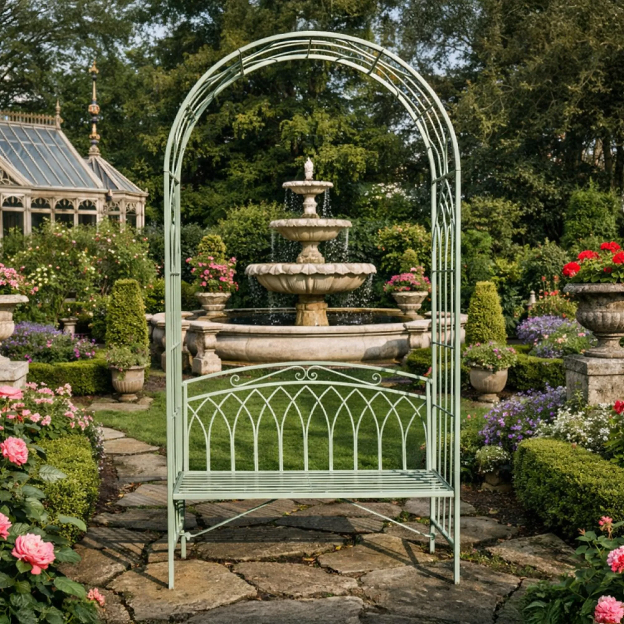 Garden Bench - Pistachio Green Metal - Arch Style