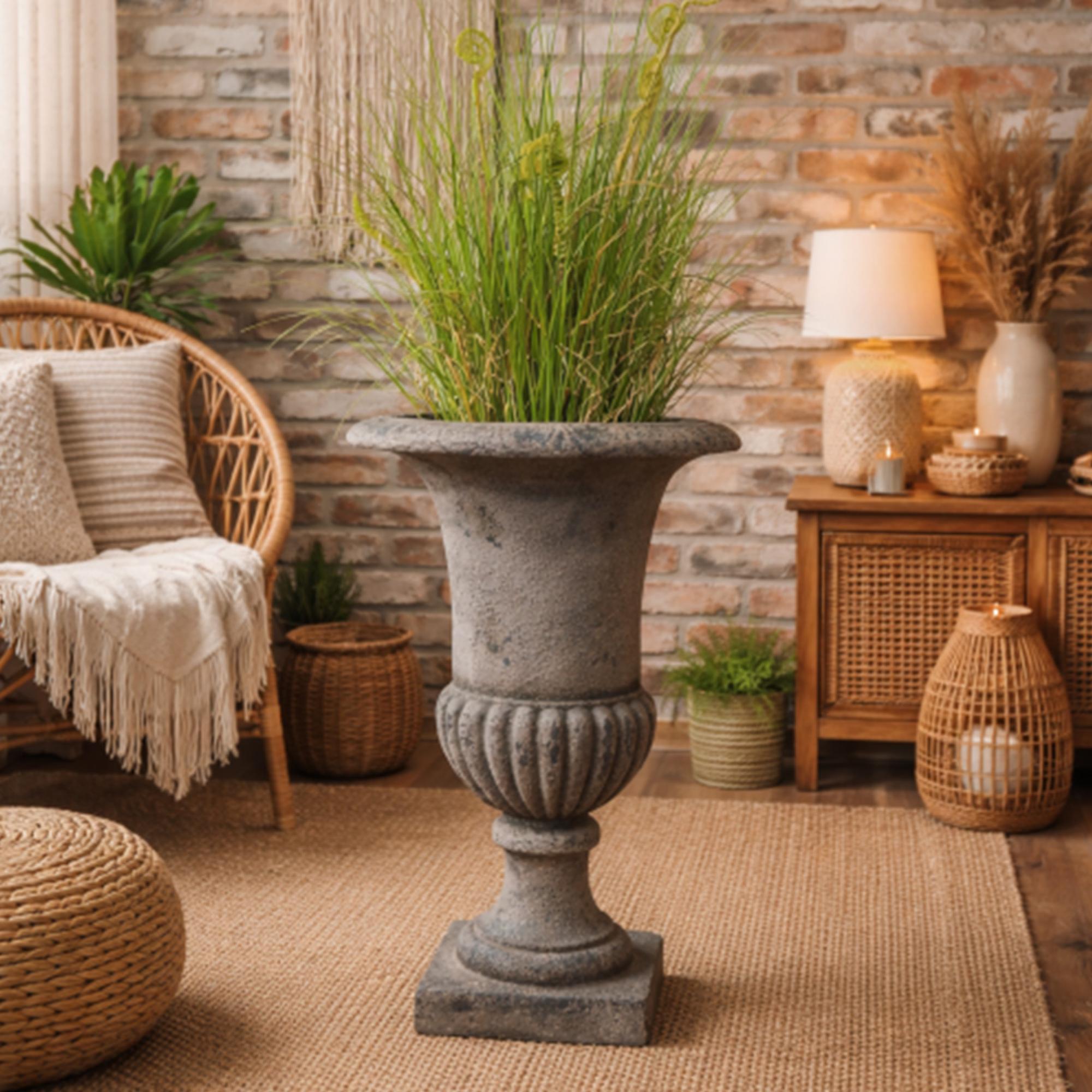 Garden Urn - Pedestal - Plant - Grey Metal - Tall