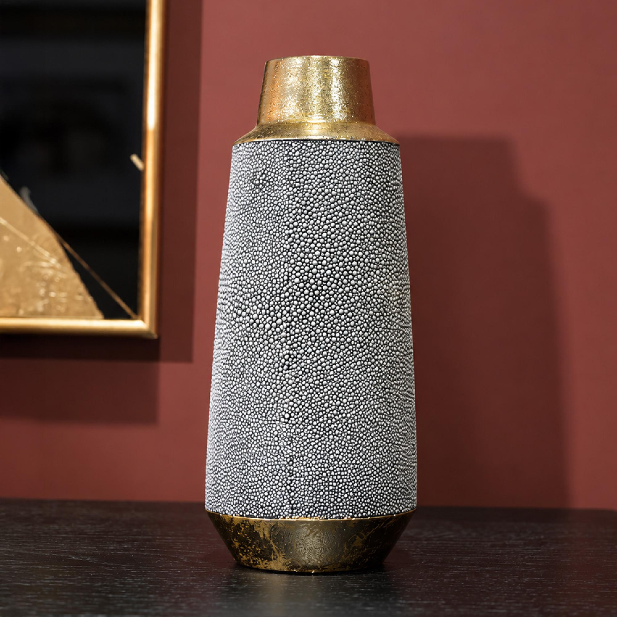 Set of 4 Asbury Shimmering Black Faux Shagreen and Gold Large Vase