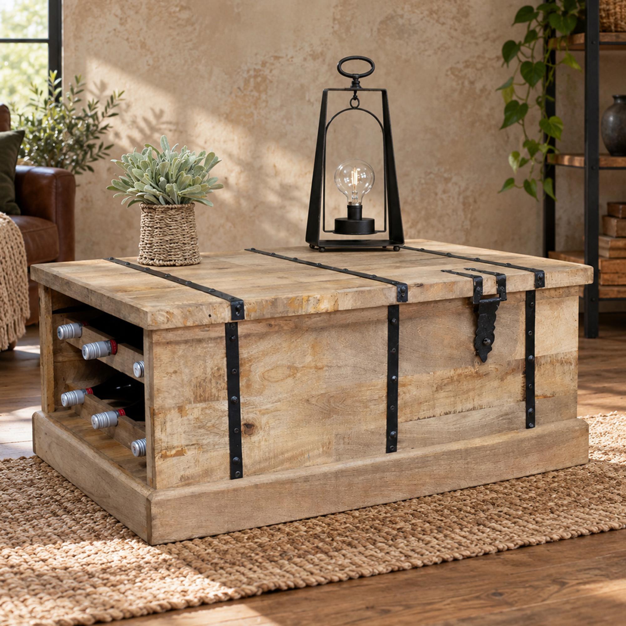 Brown Mango Wood Wine Bottle Storage Trunk