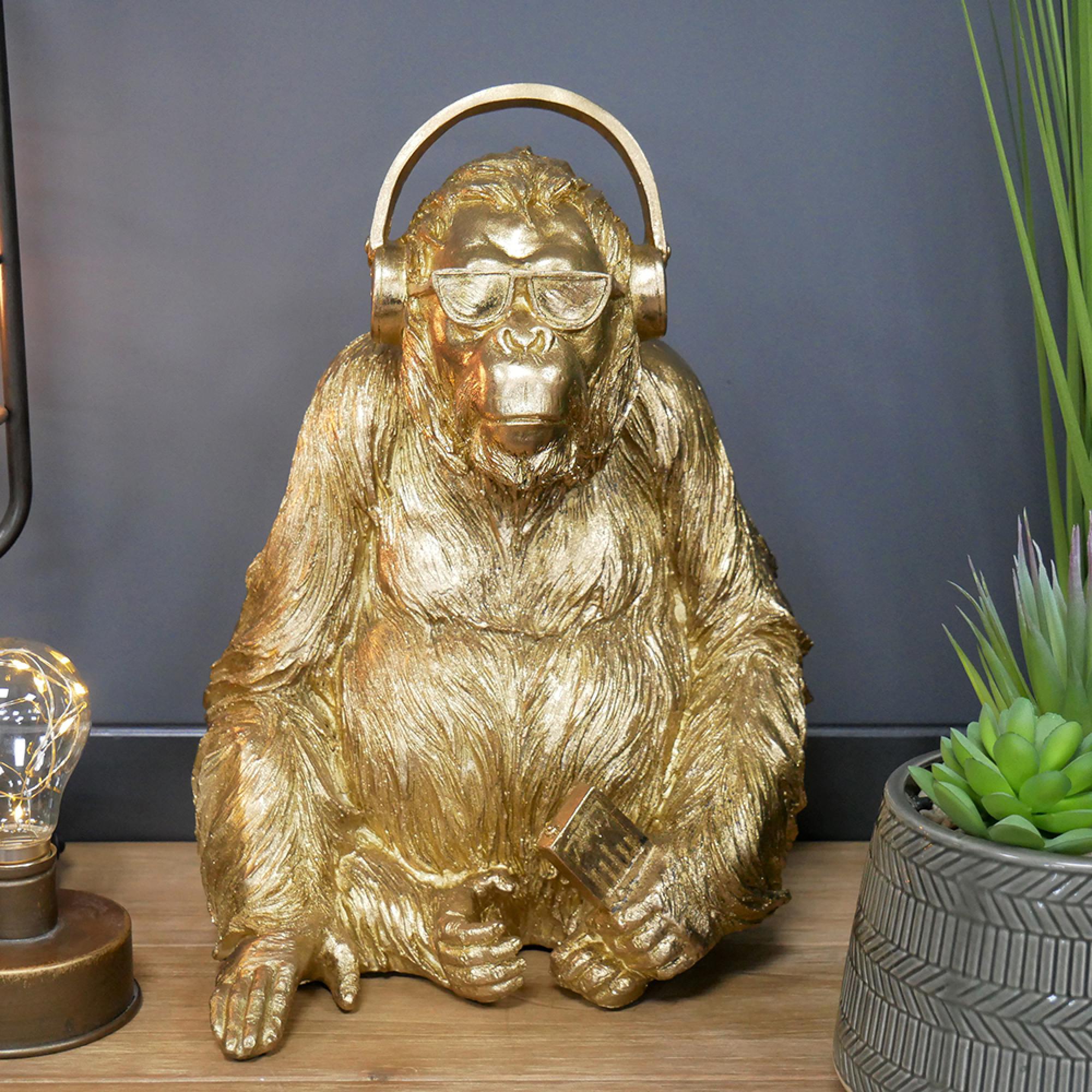Gold Resin Gorilla with Headphones - Set of 2 - Resin