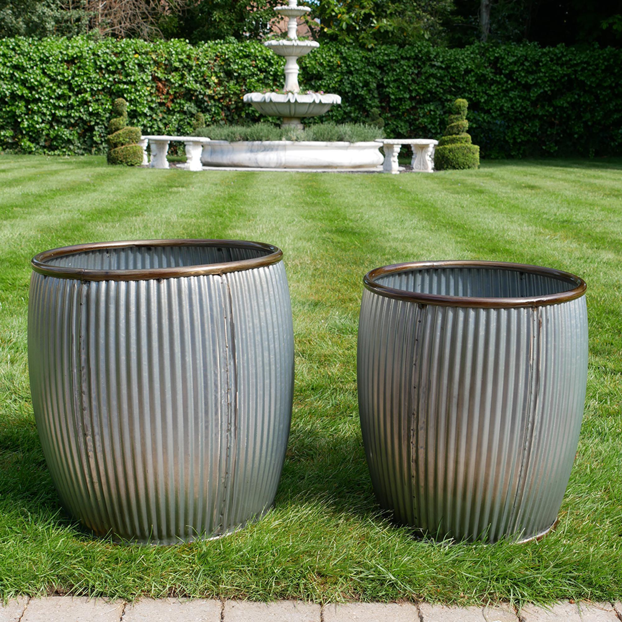 Garden Tub - Set of 2 - Grey Metal - Round - Small