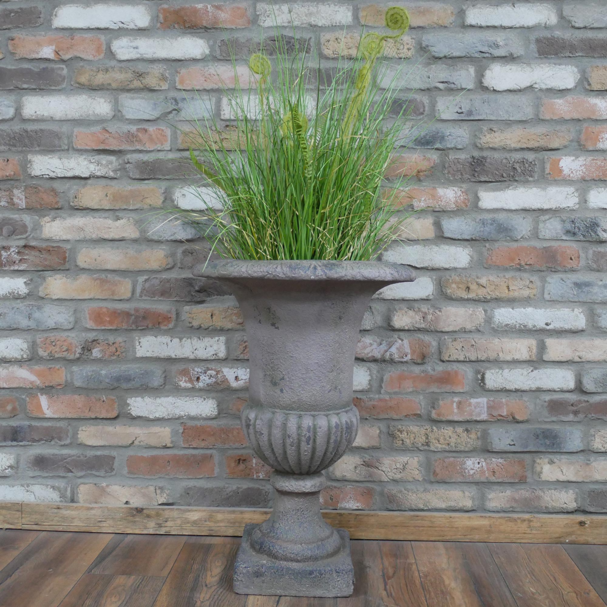 Garden Urn - Pedestal - Plant - Grey Metal - Tall