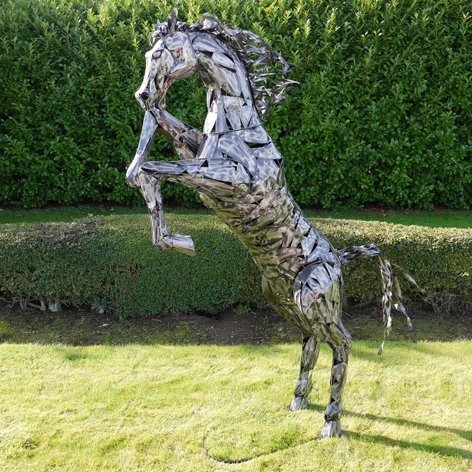 Silver Metal Large Rearing Horse Statue