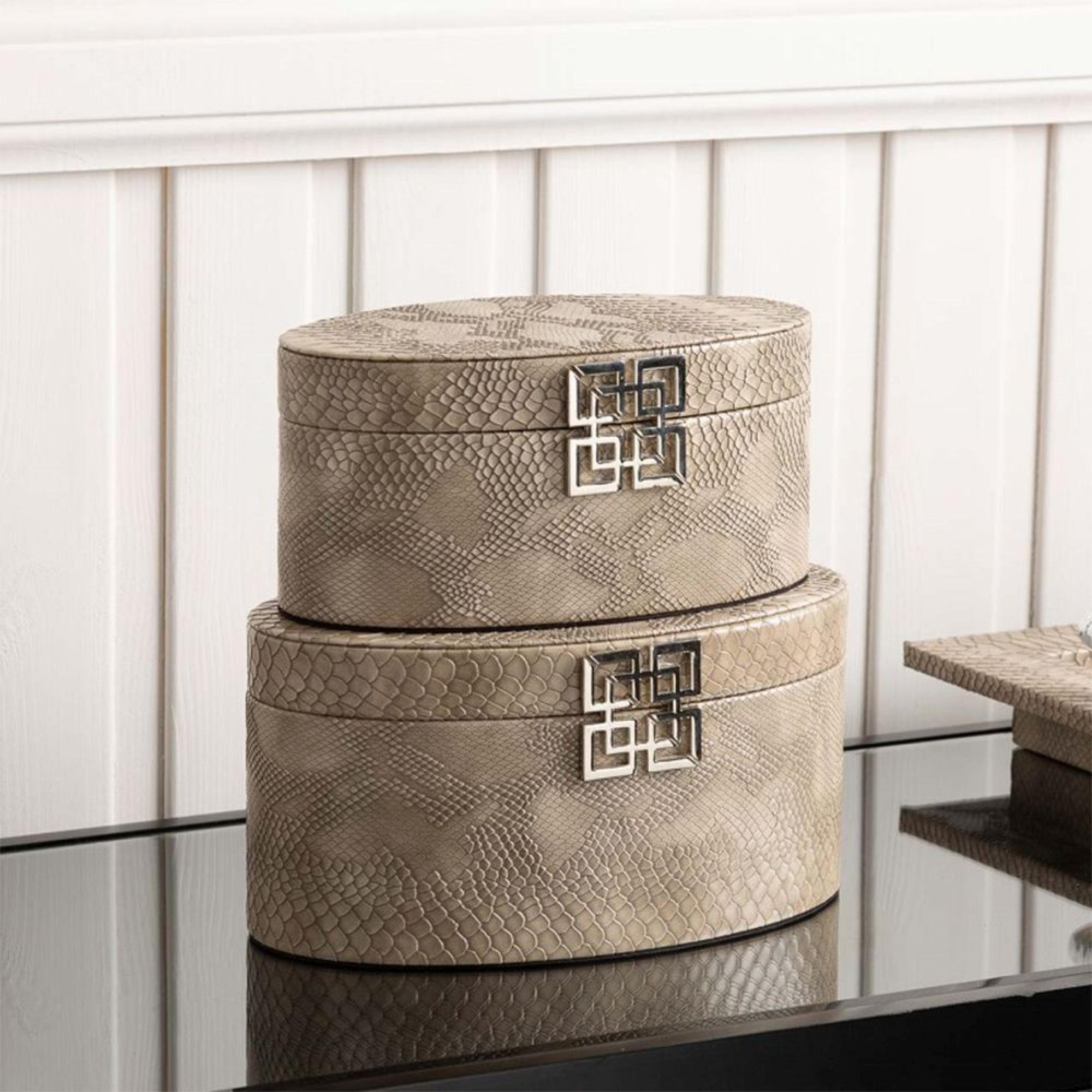 Jewellery Box - Taupe Snake Faux Leather - Oval - Set of 2
