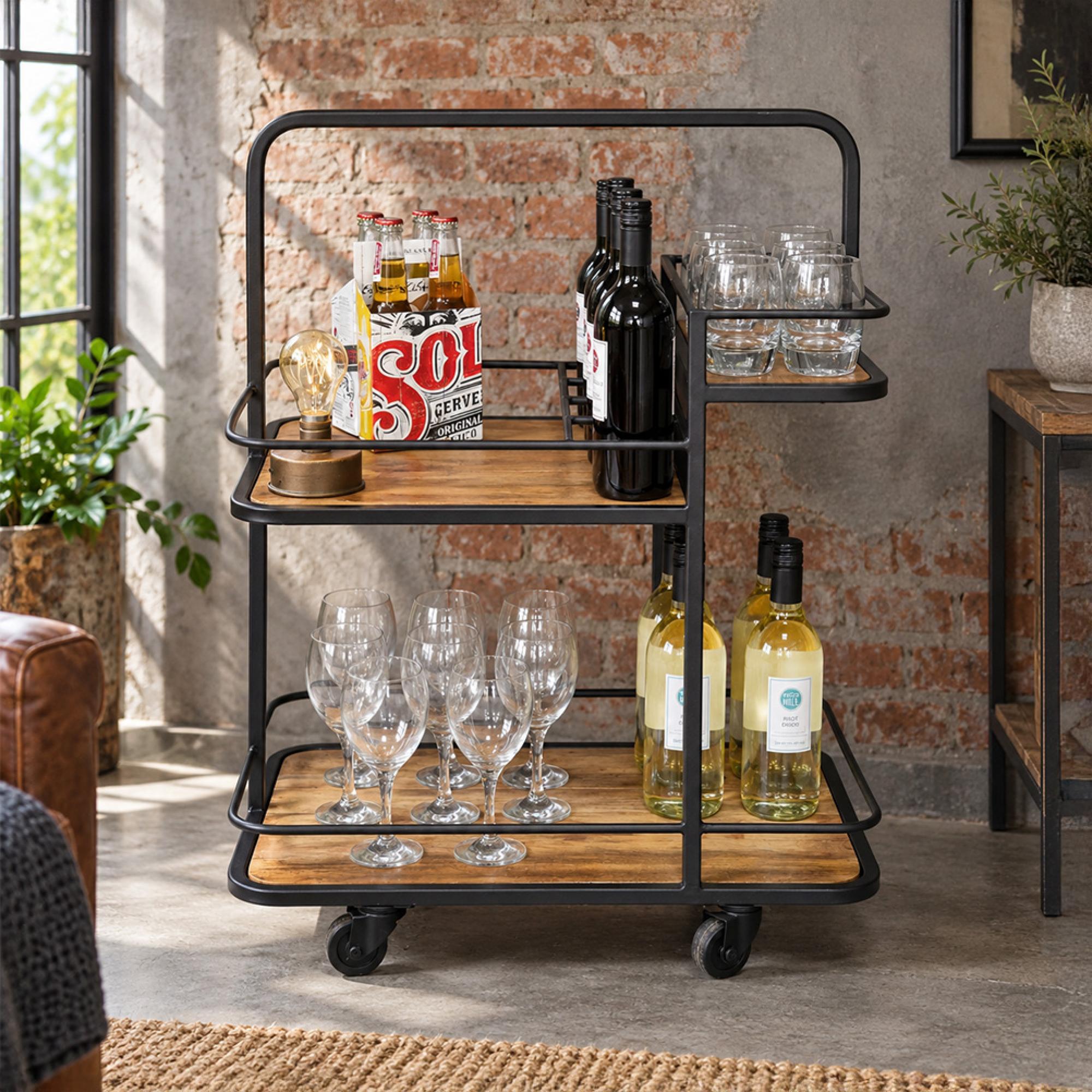 Brown Mango Wood and Metal Wine Trolley
