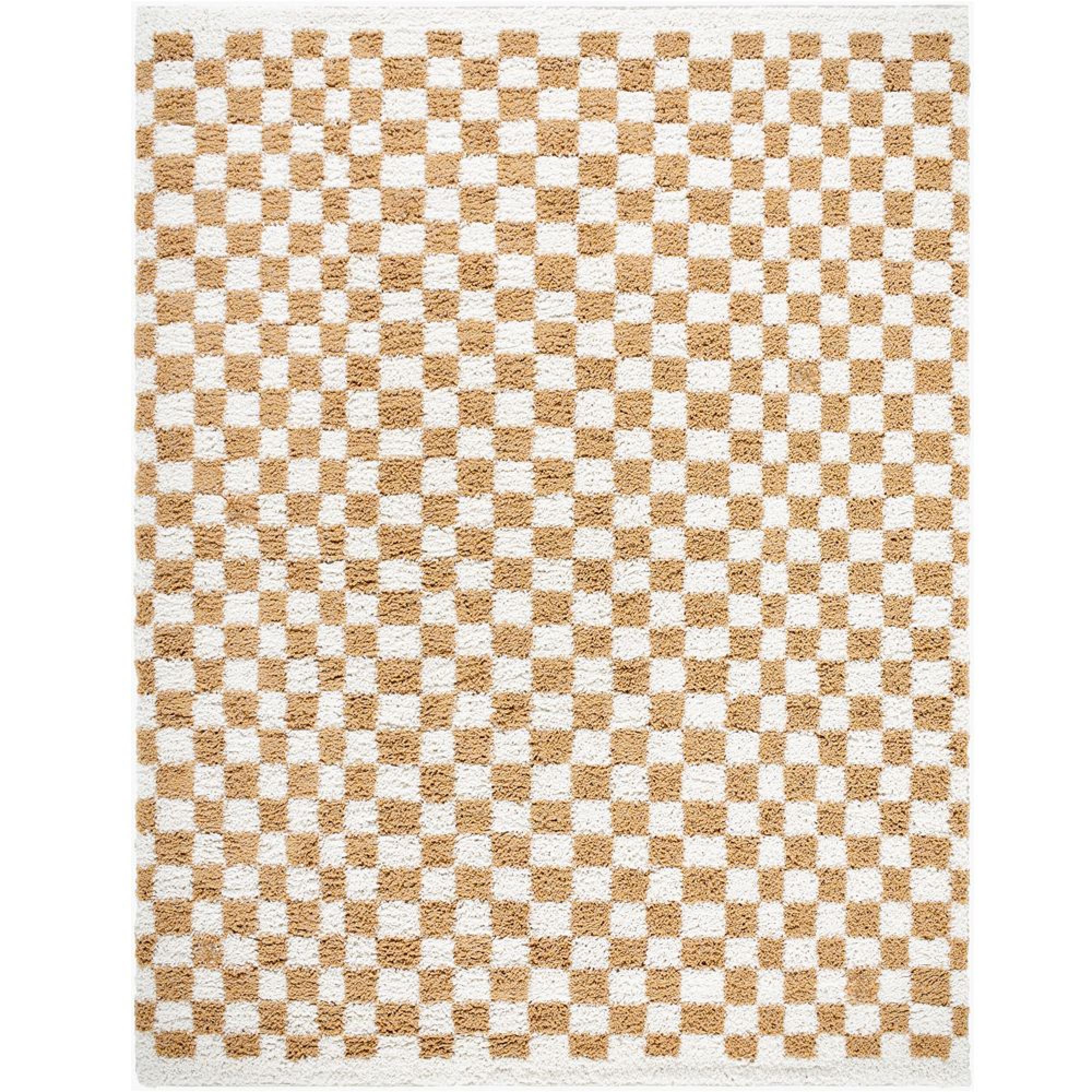 Birmingham Rug - Modern Shaggy Checkered - BMM2323 - Ivory & Tan - Sizes Available