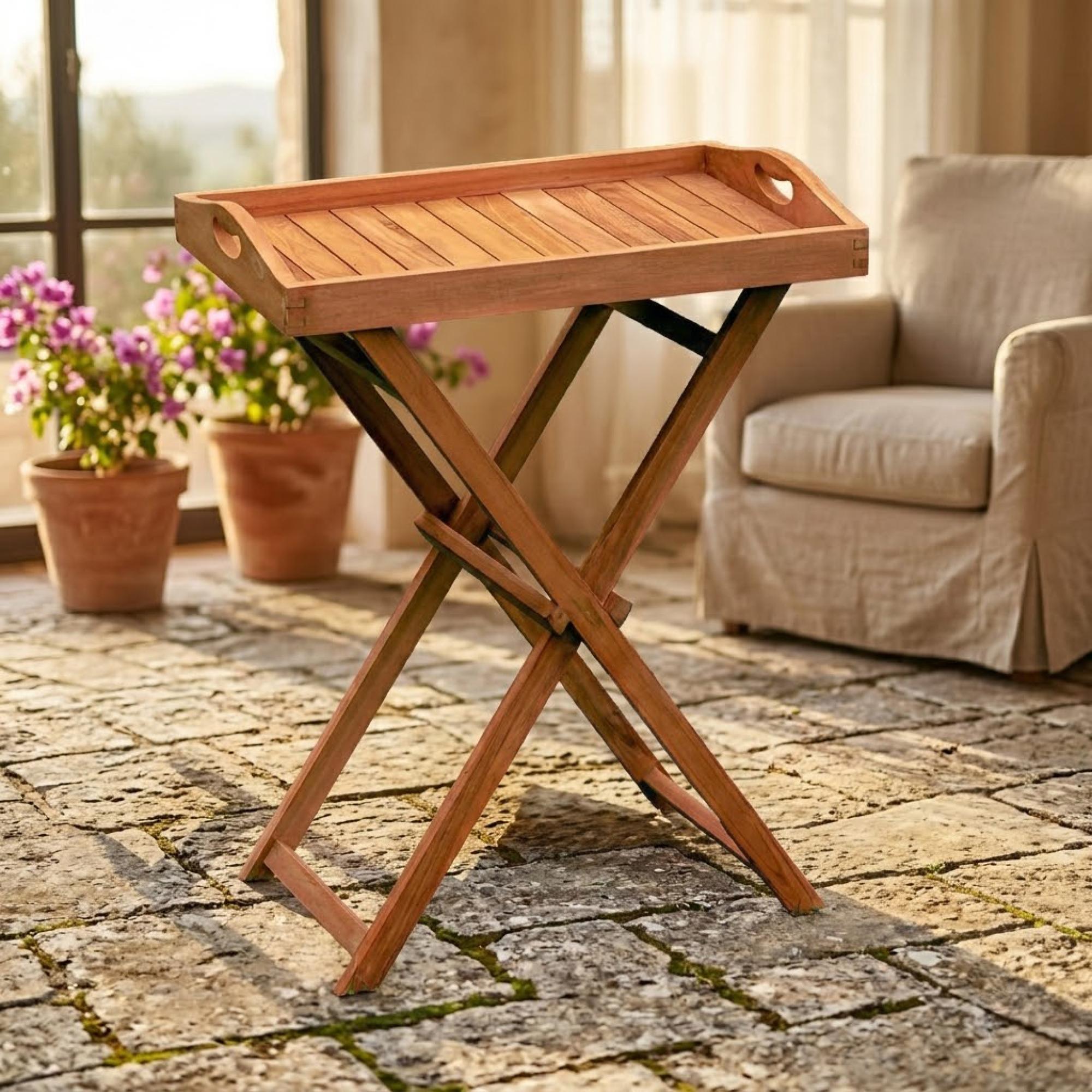 Hidcote Teak Butlers Curved Tray 55cm x 40cm and Folding Stand