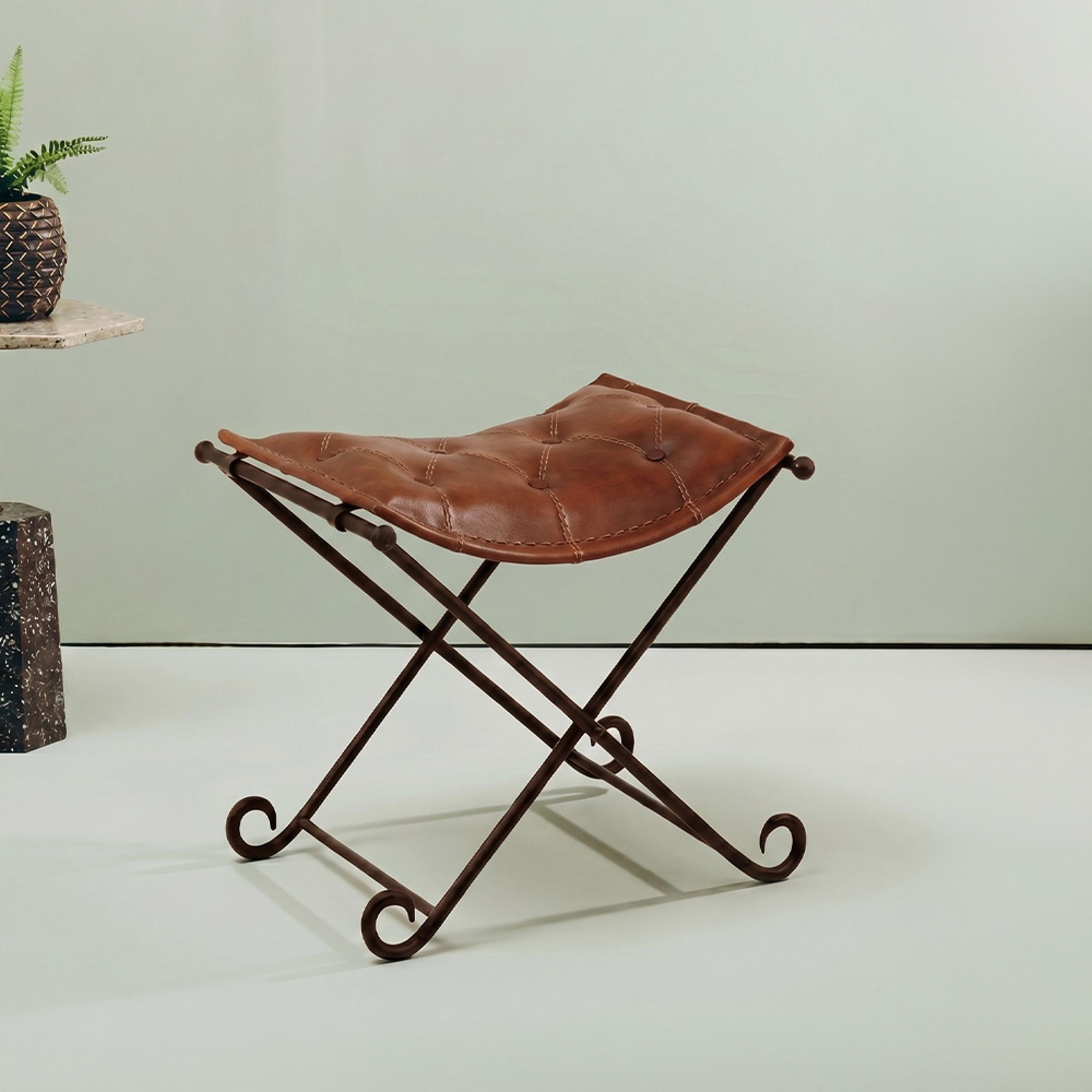 Buffalo Folding Stool - Tan - Leather with Metal