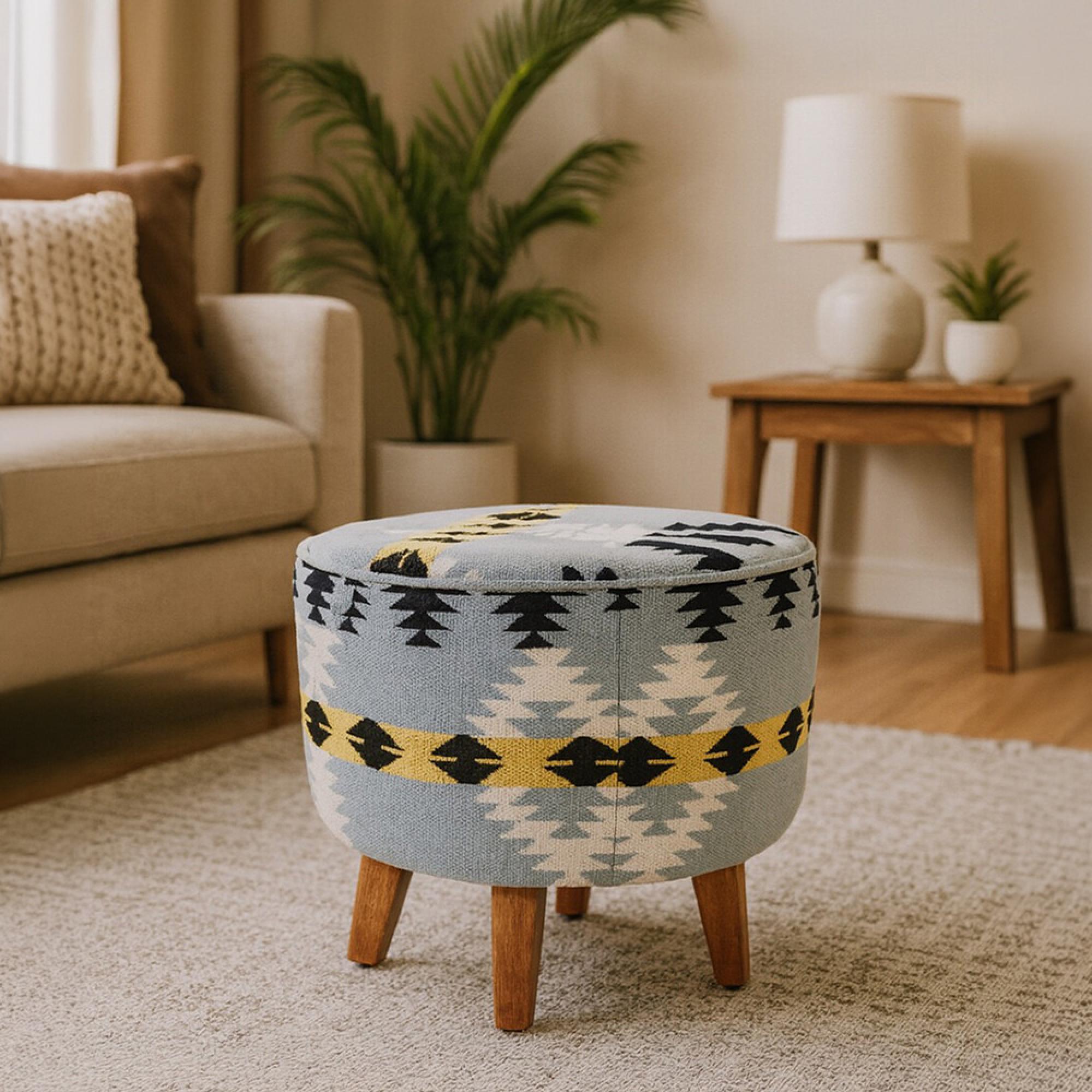 Cefena Footstool - Round - Blue Fabric