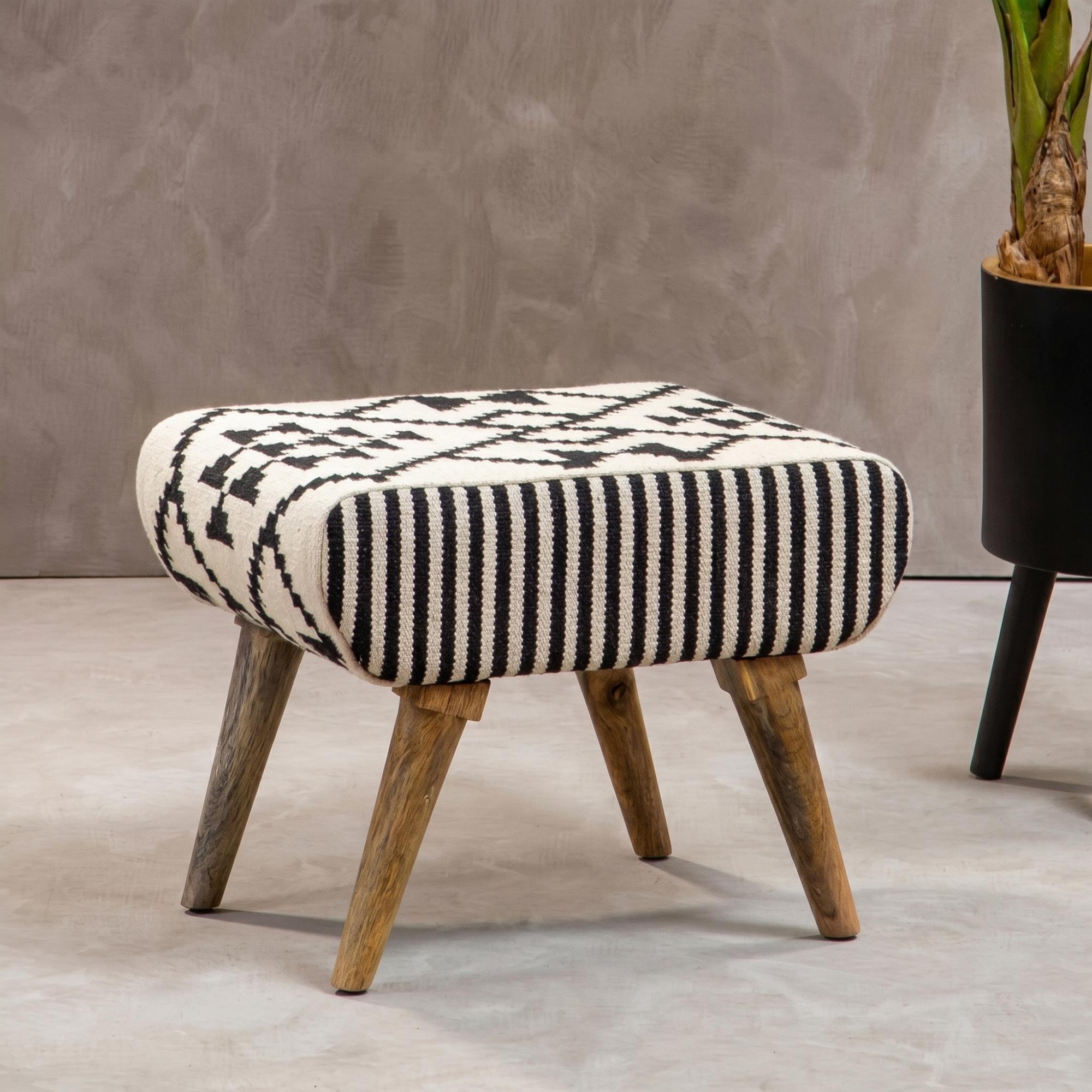 Cefena Footstool - White and Black Fabric - Berber Style