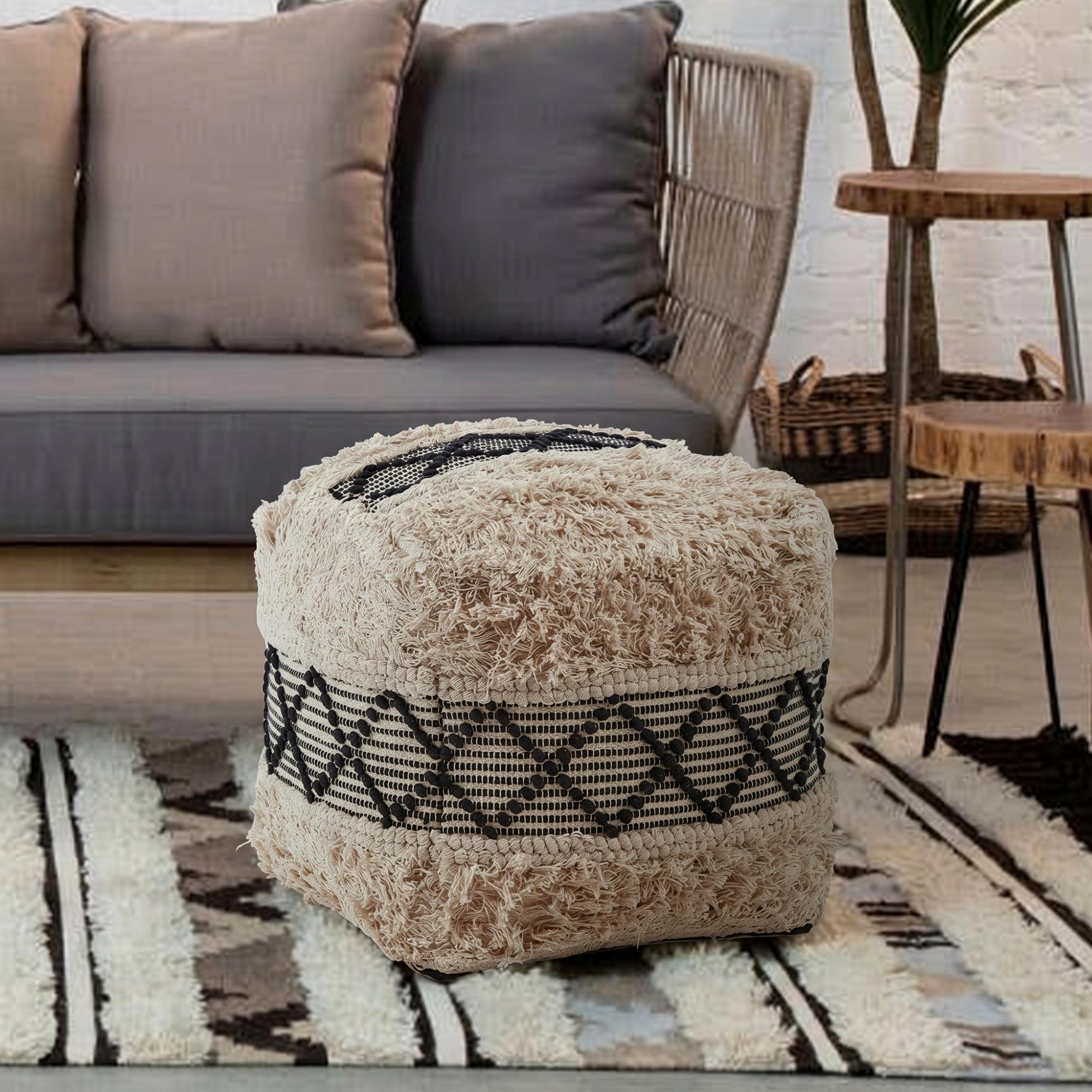Cefena Pouffe - Black and White Fabric - Square - Shaggy