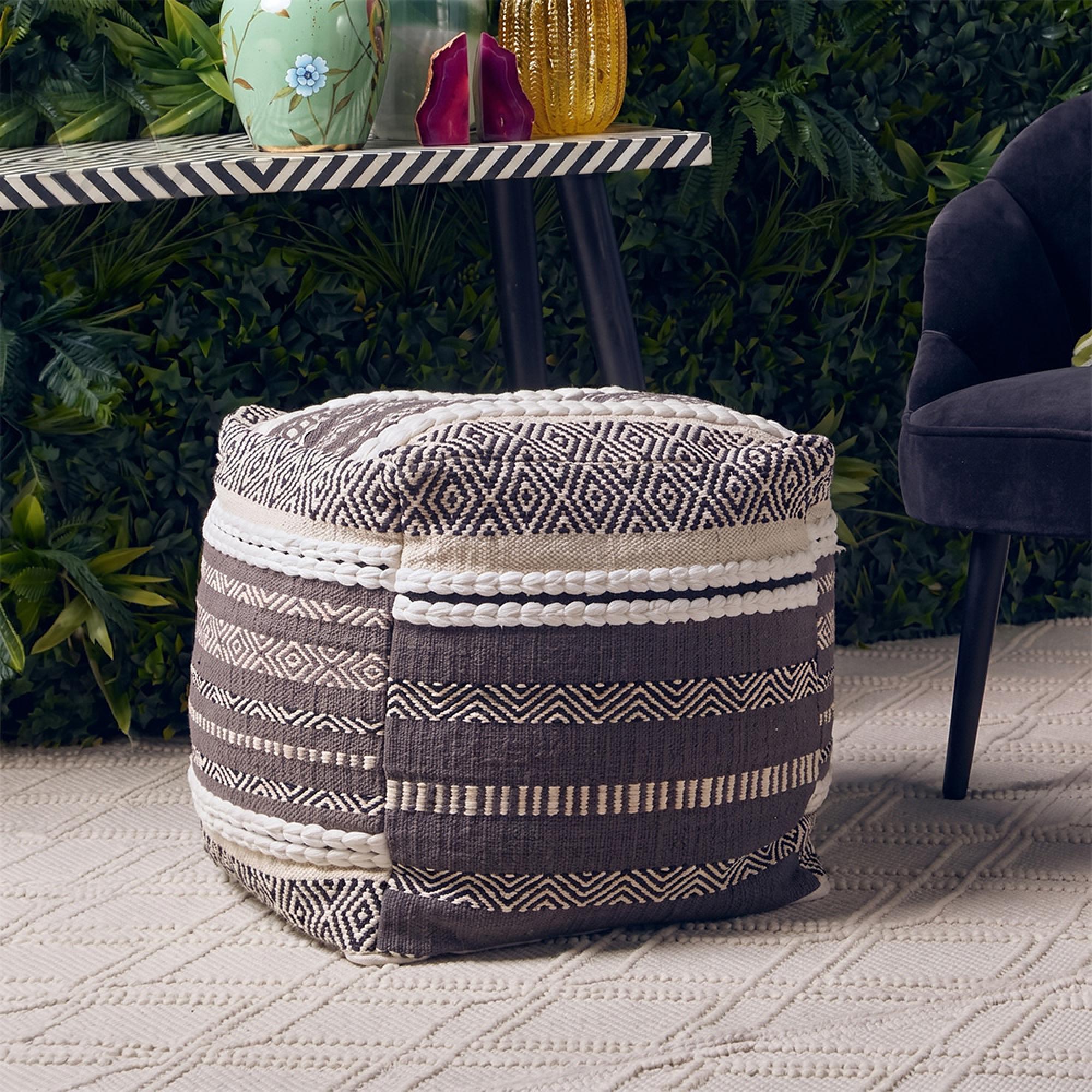 Cefena Pouffe - Square - Grey and White Fabric