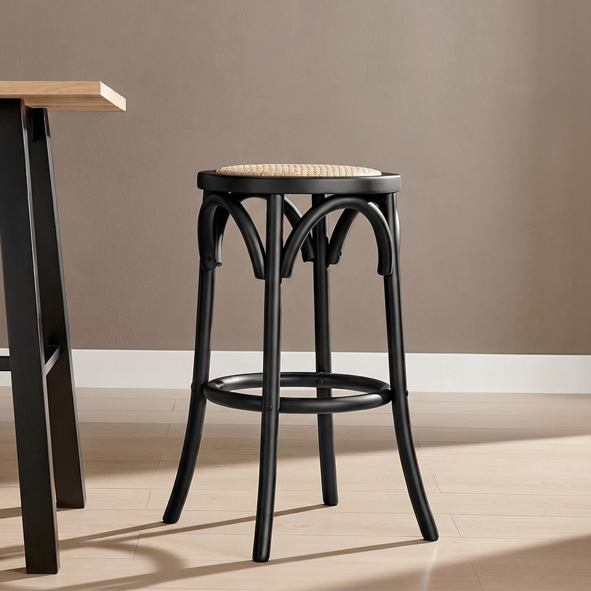 Corso Stool - Round - Black Birchwood and Natural Rattan