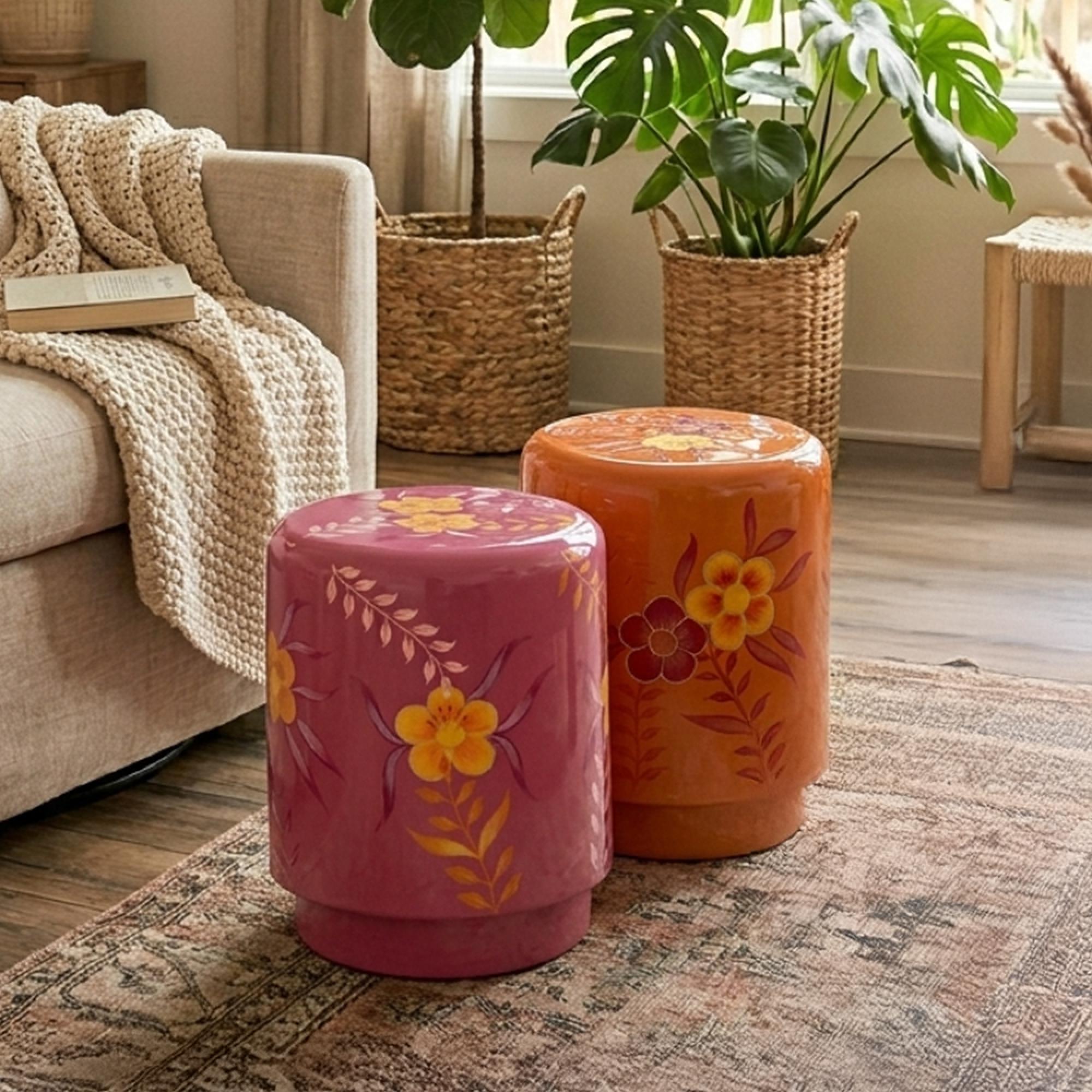Flowers Stool - Set of 2 - Round - Pink and Orange - Metal