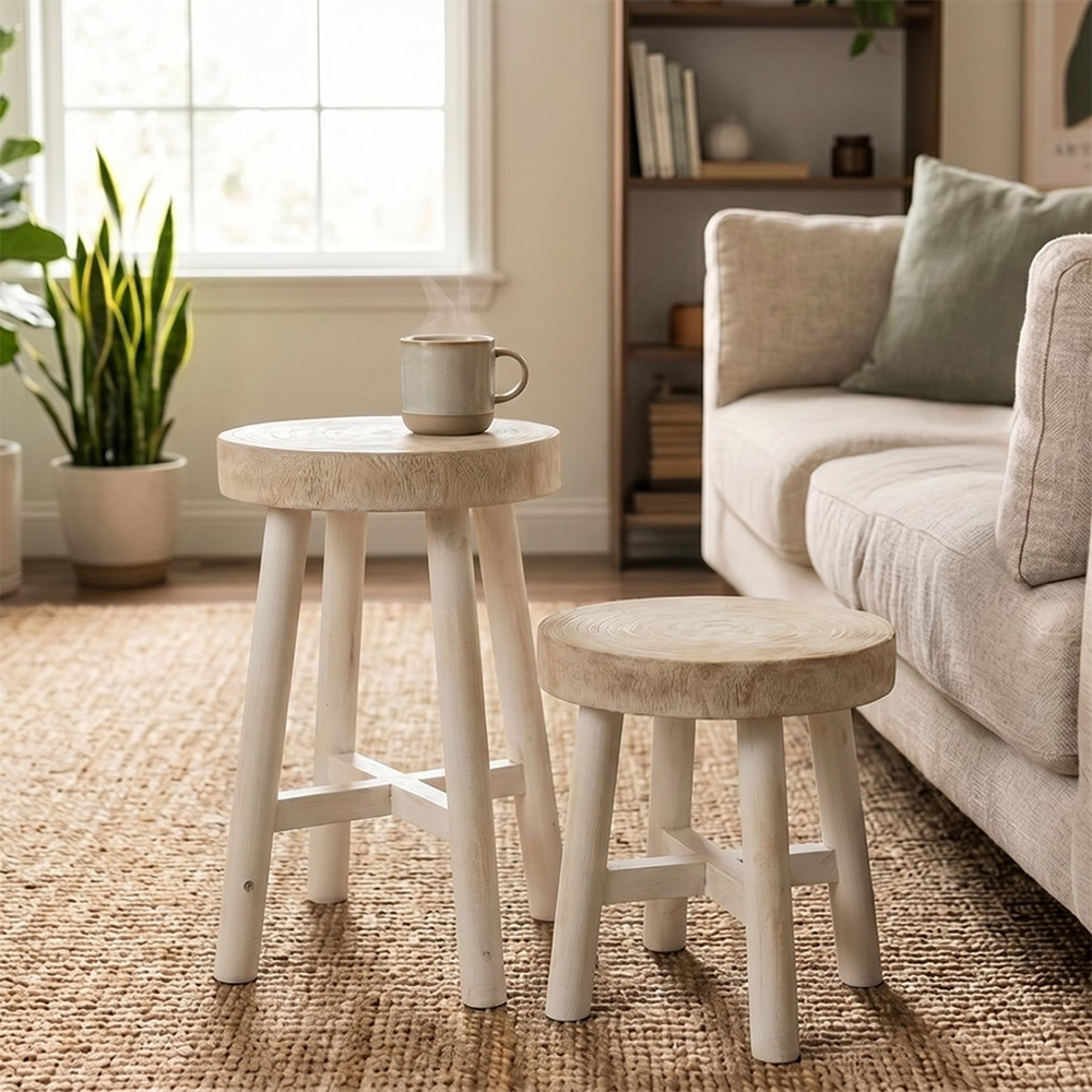 Paulownia Stool - Set of 2 - Round - White - Wood