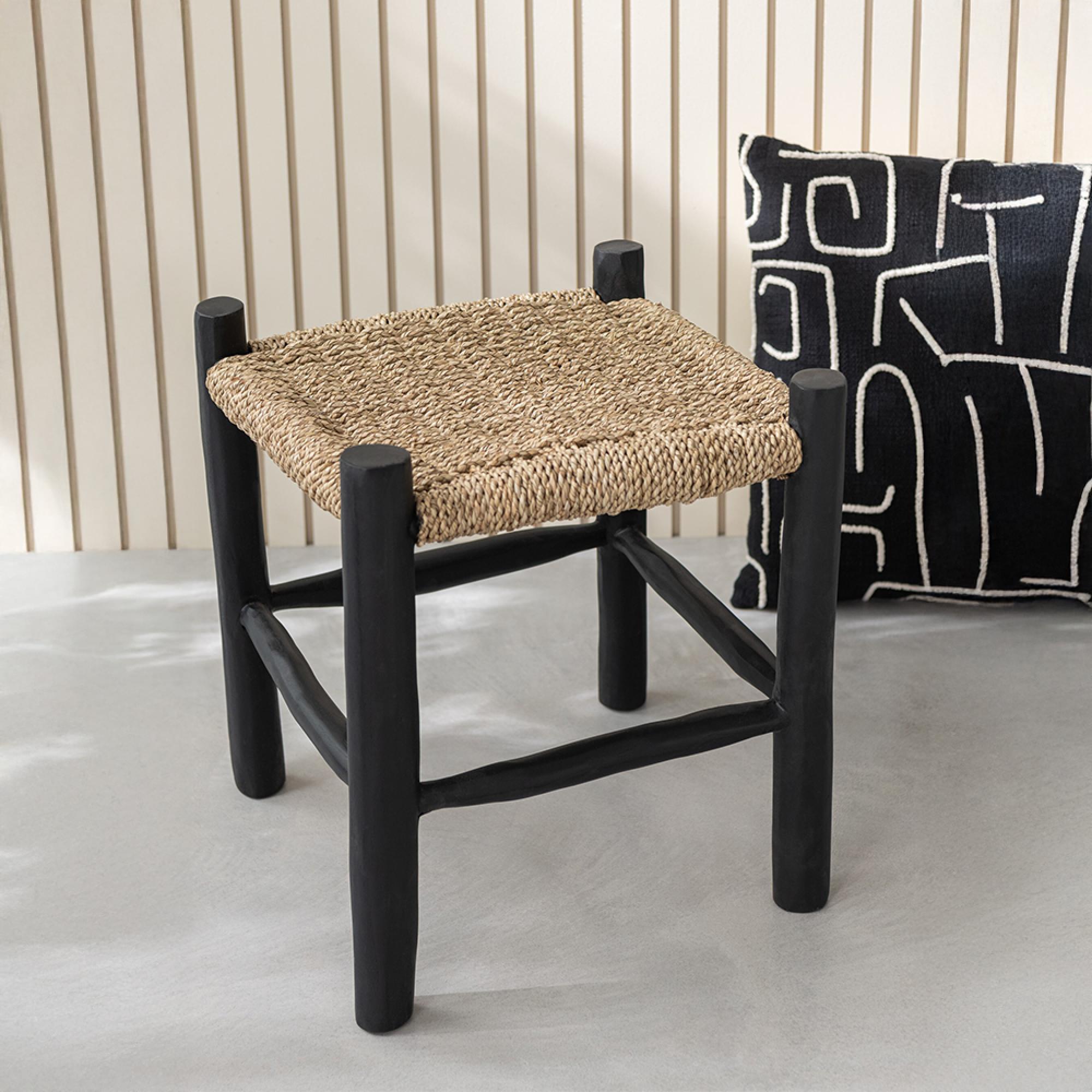 Stool - Set of 2 - Square - Natural and Black - Seagrass and Teak Wood
