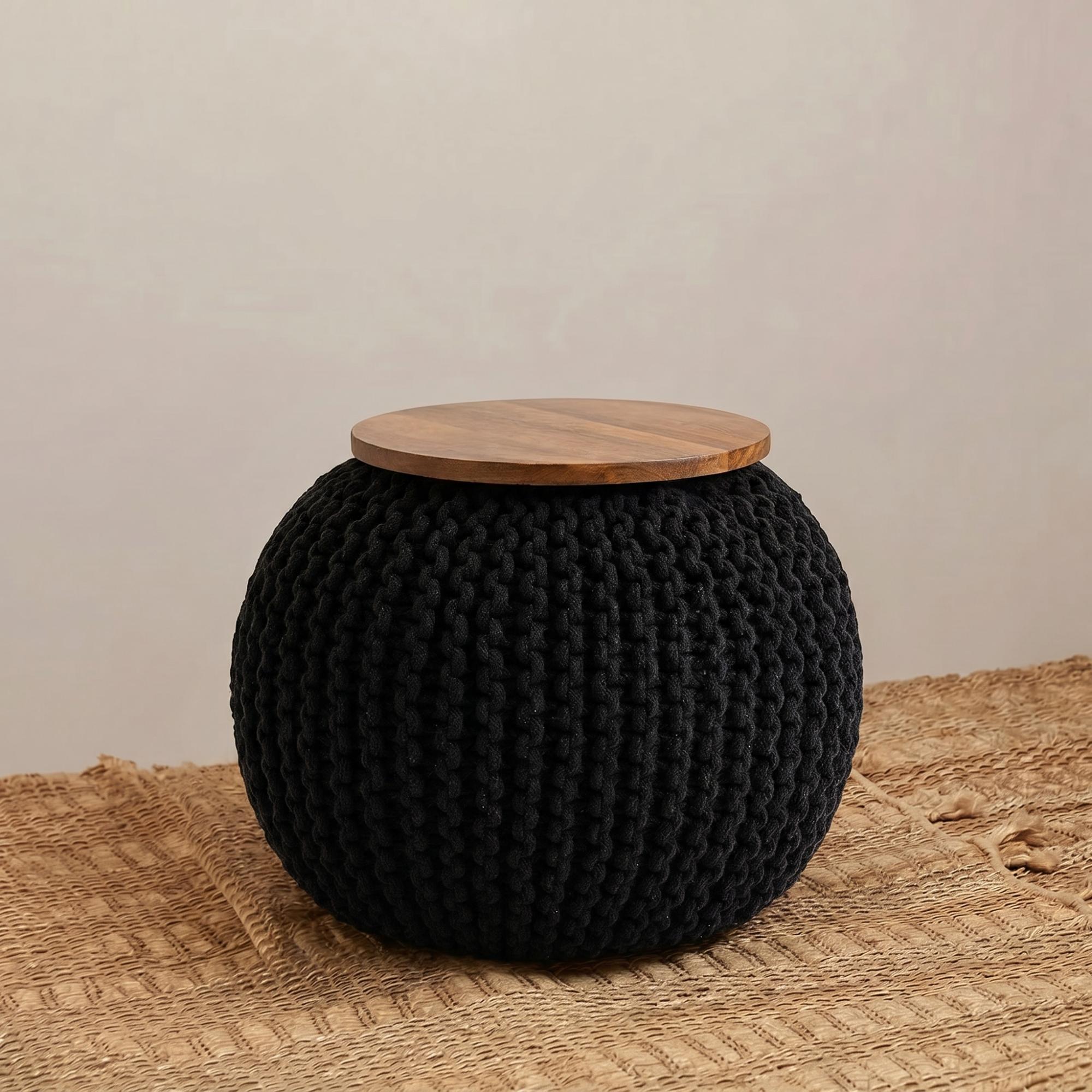 Fusion Pouffe - Mango Wood with Black Woven Round Design