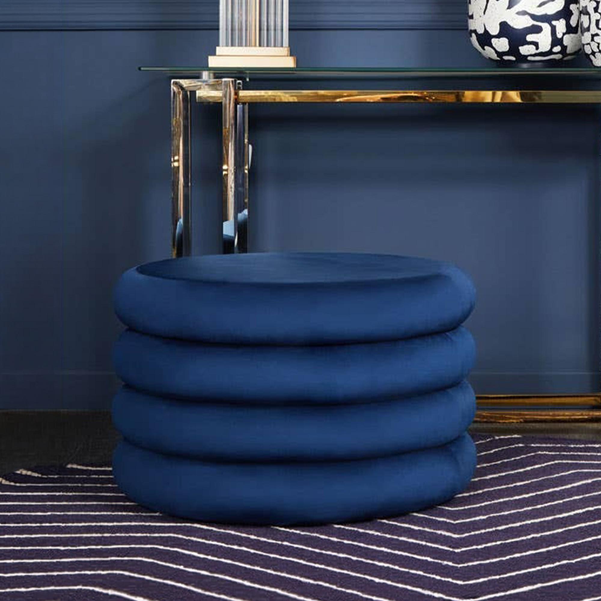 Hartford Pouffe - Round - Navy Blue Velvet Fabric