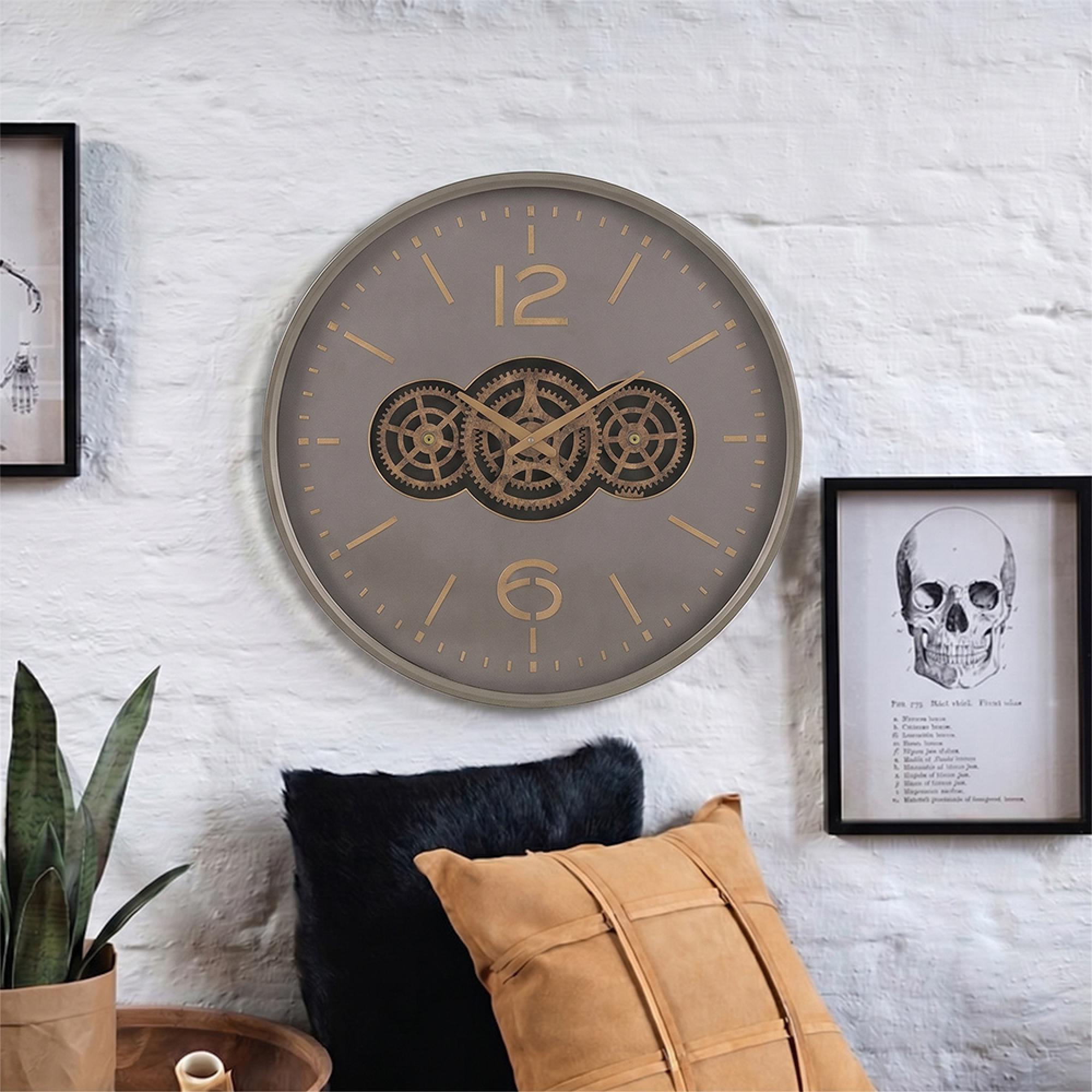 Hollow Gears Wall Clock - Round - Grey and Gold - Wood