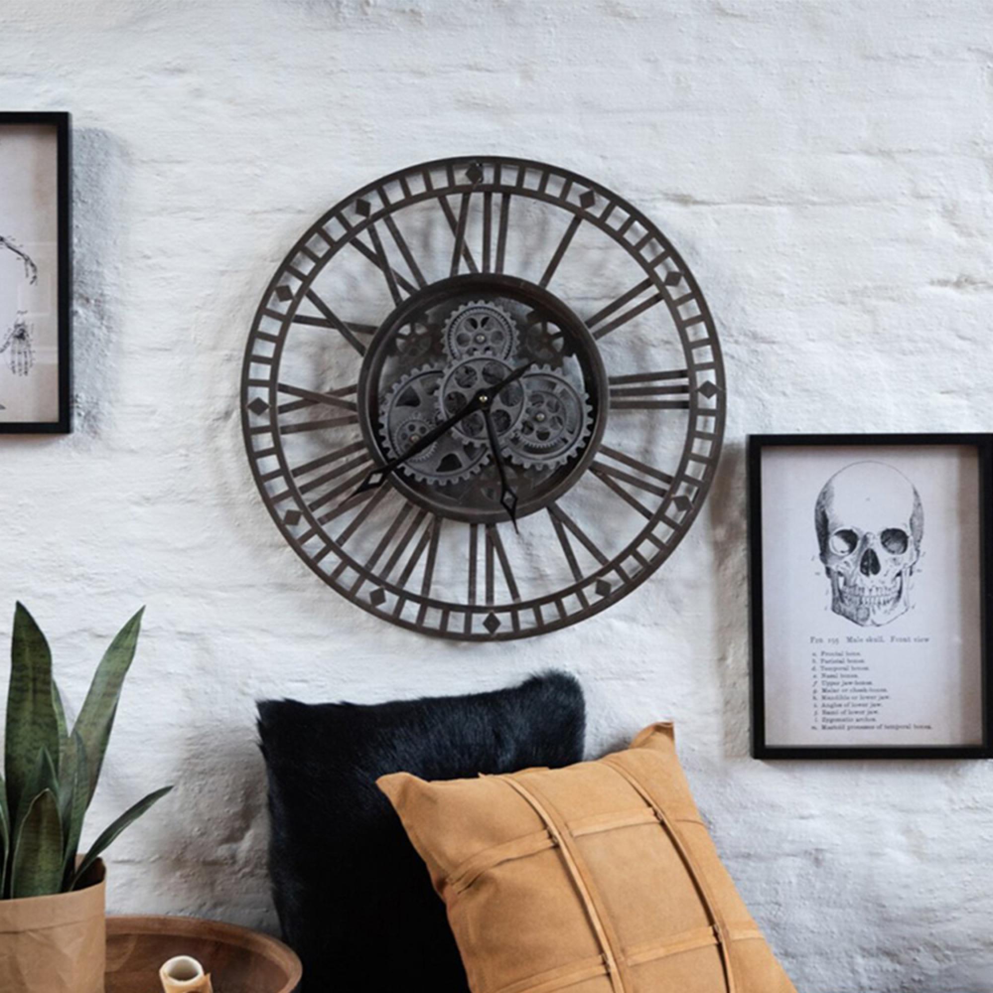 Roman Numerals Visible Mecanism Wall Clock - Round - Antique Grey - Metal