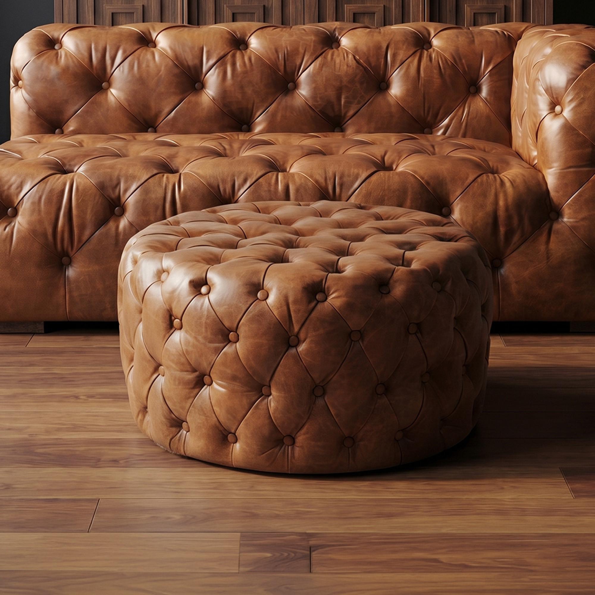 Hoxton Ottoman Stool - Round - Vintage Brown Tufted Leather