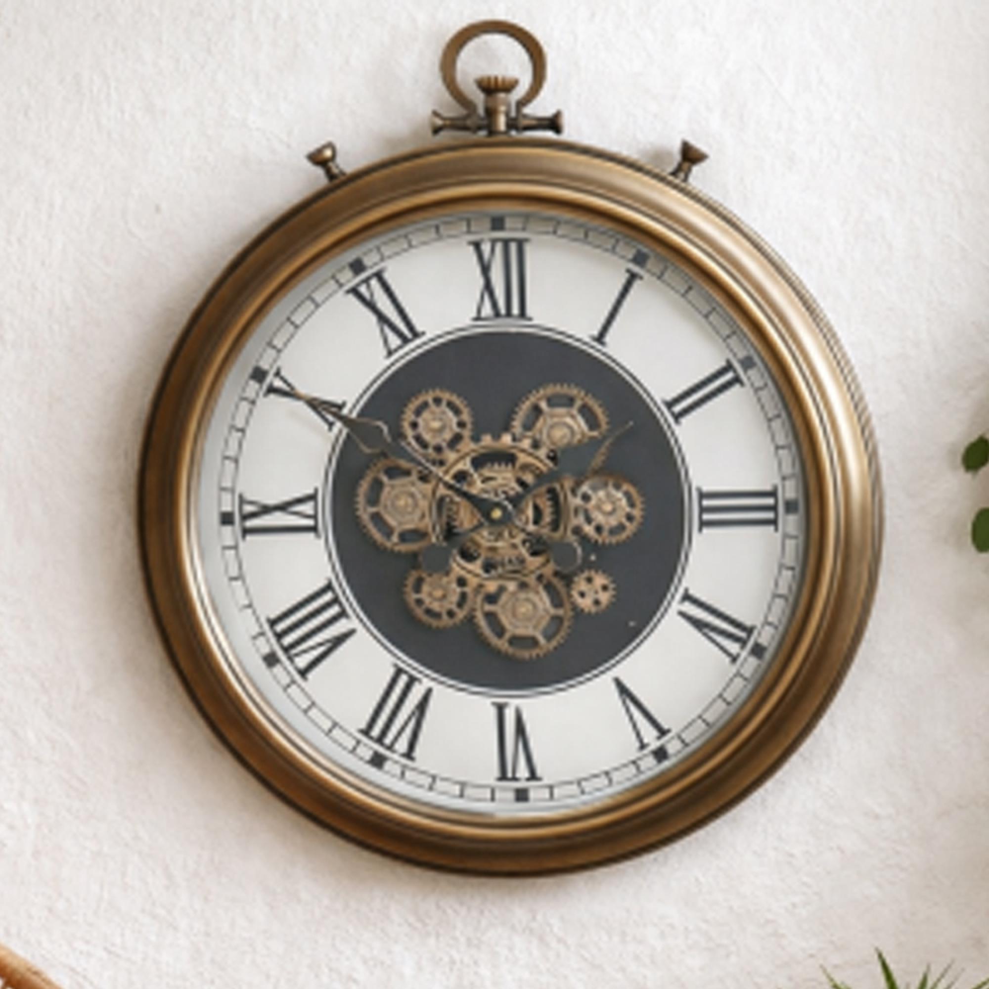 Wall Clock - with Cogs - Round - Antique Gold - Metal