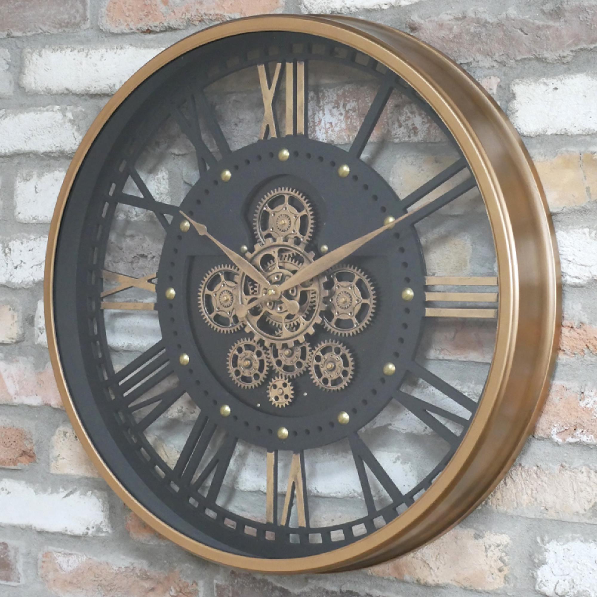 Wall Clock - with Cogs - Round - Antique Gold and Black - Metal