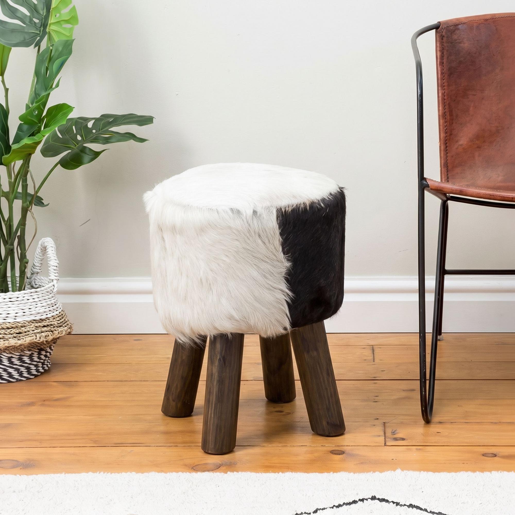 Frankfort Stool - Round - Brown and White Goat Skin