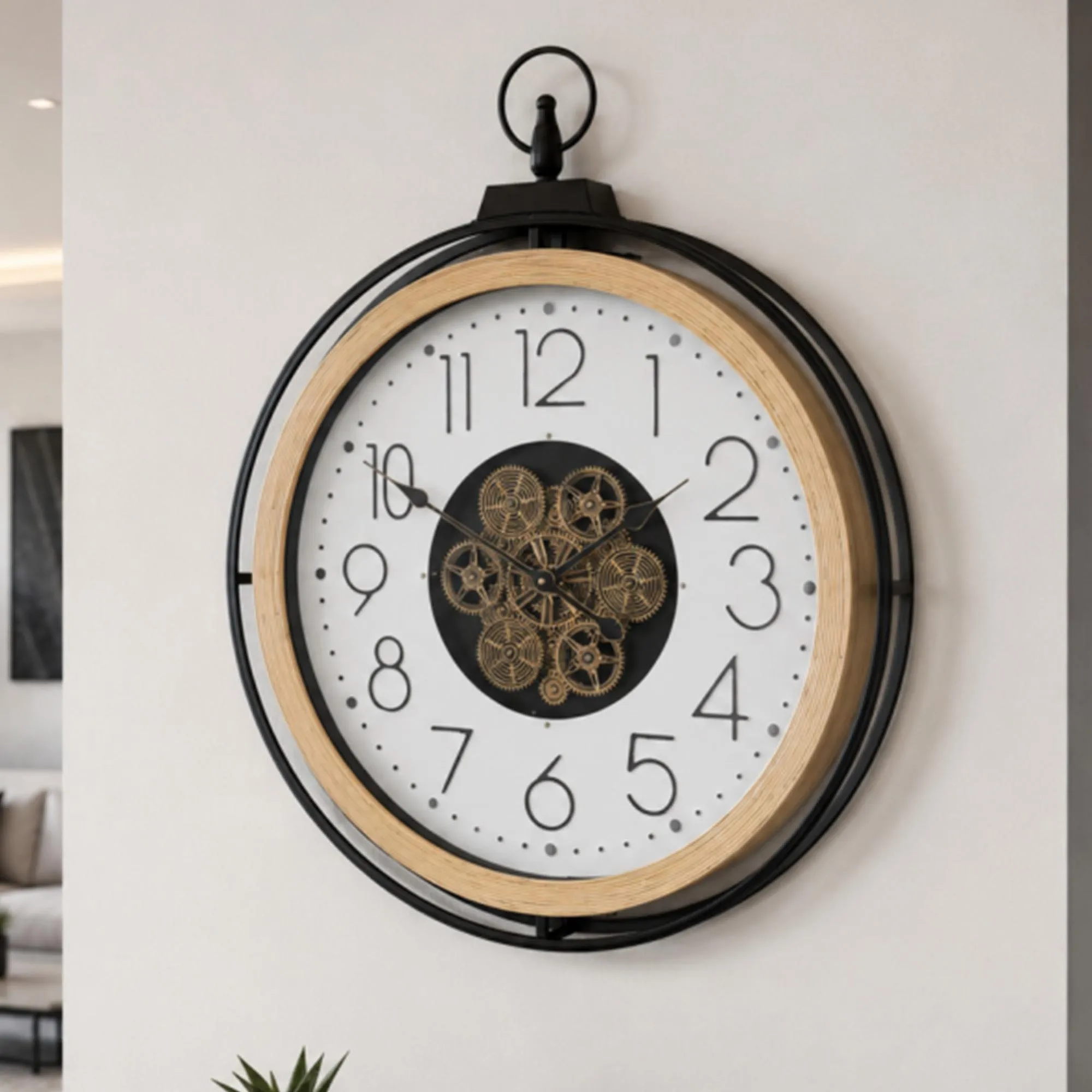 Industrial Wall Clock - with Cogs - Round - Black - Wood and Metal
