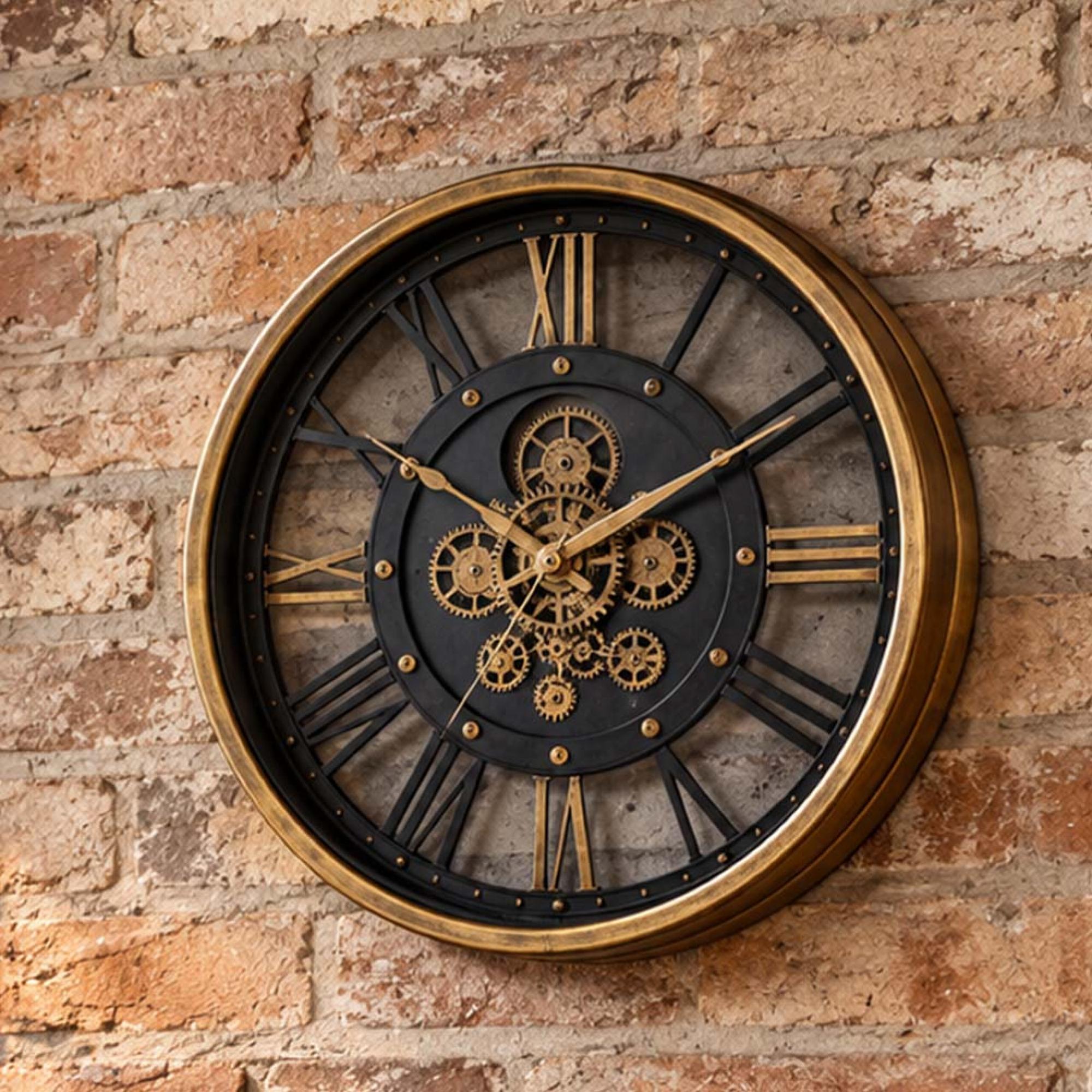 Wall Clock - with Cogs - Round - Antique Gold and Black - Metal