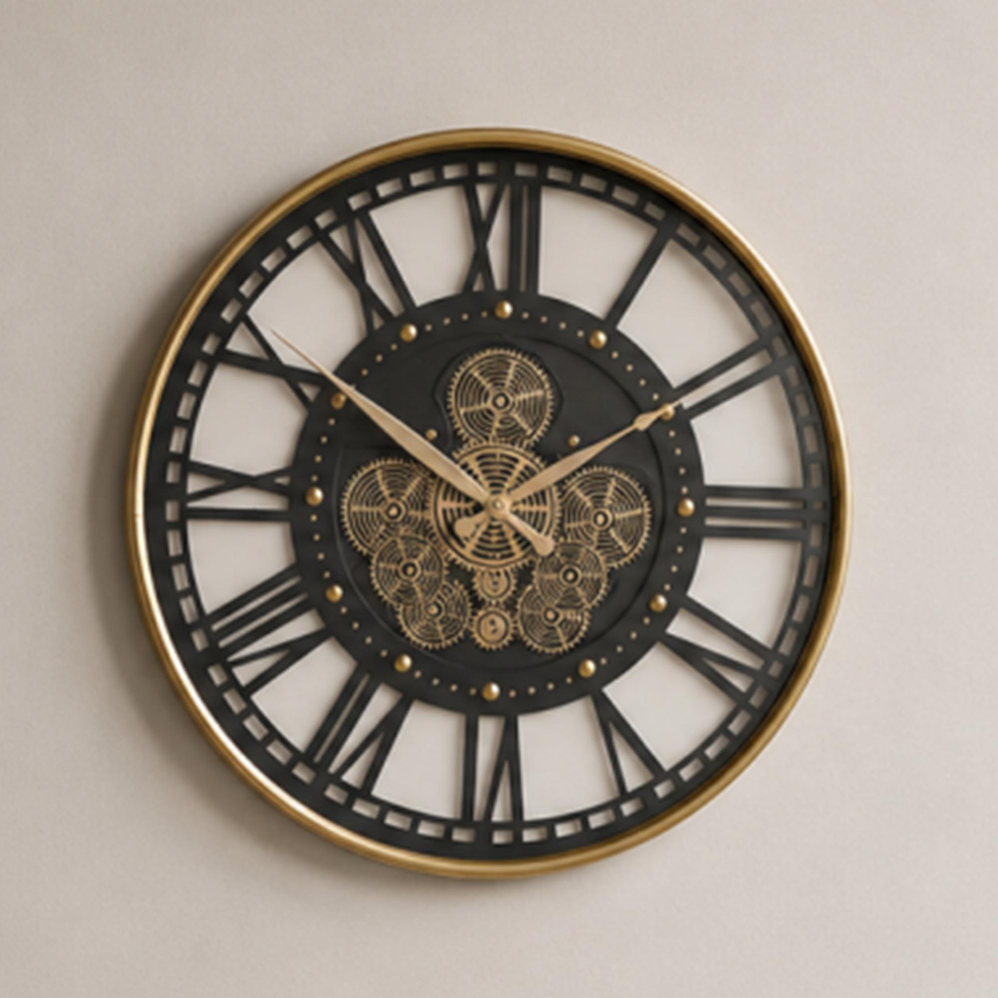 Wall Clock - with Cogs - Round - Gold - Metal