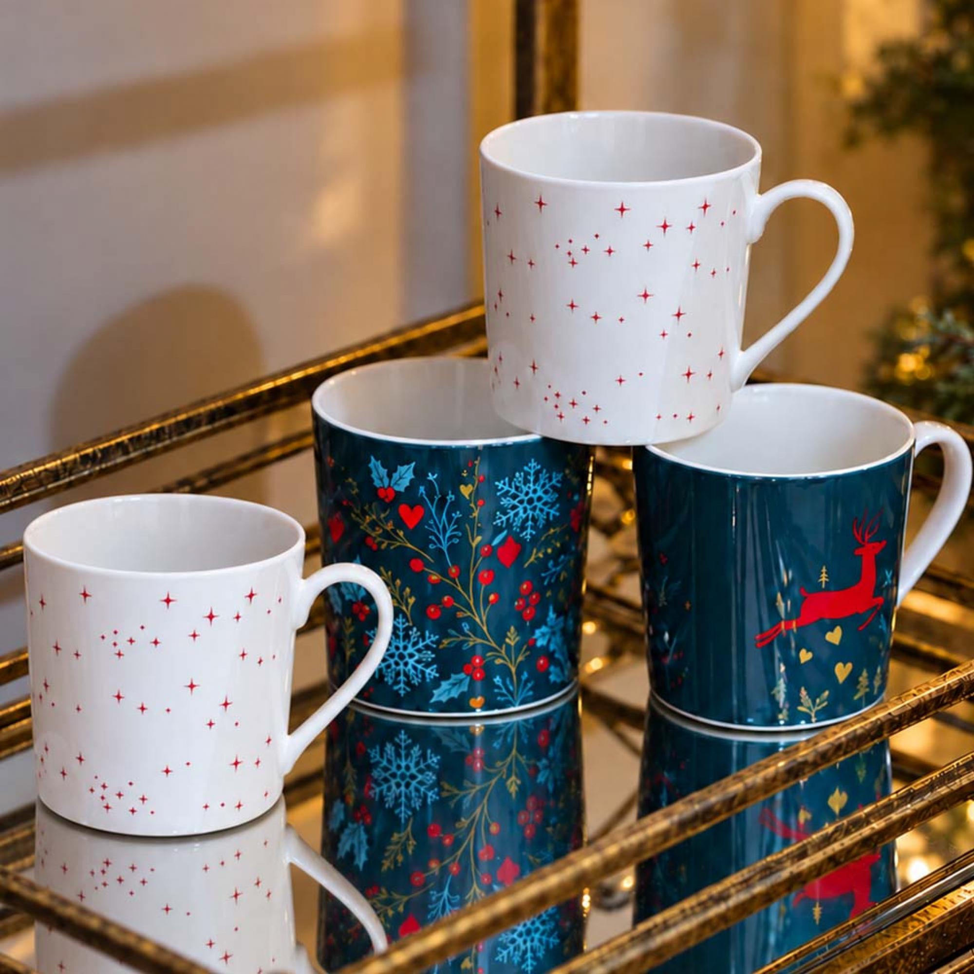 A Christmas Wish Ceramic 6 Mugs - White and Green - Set of 4