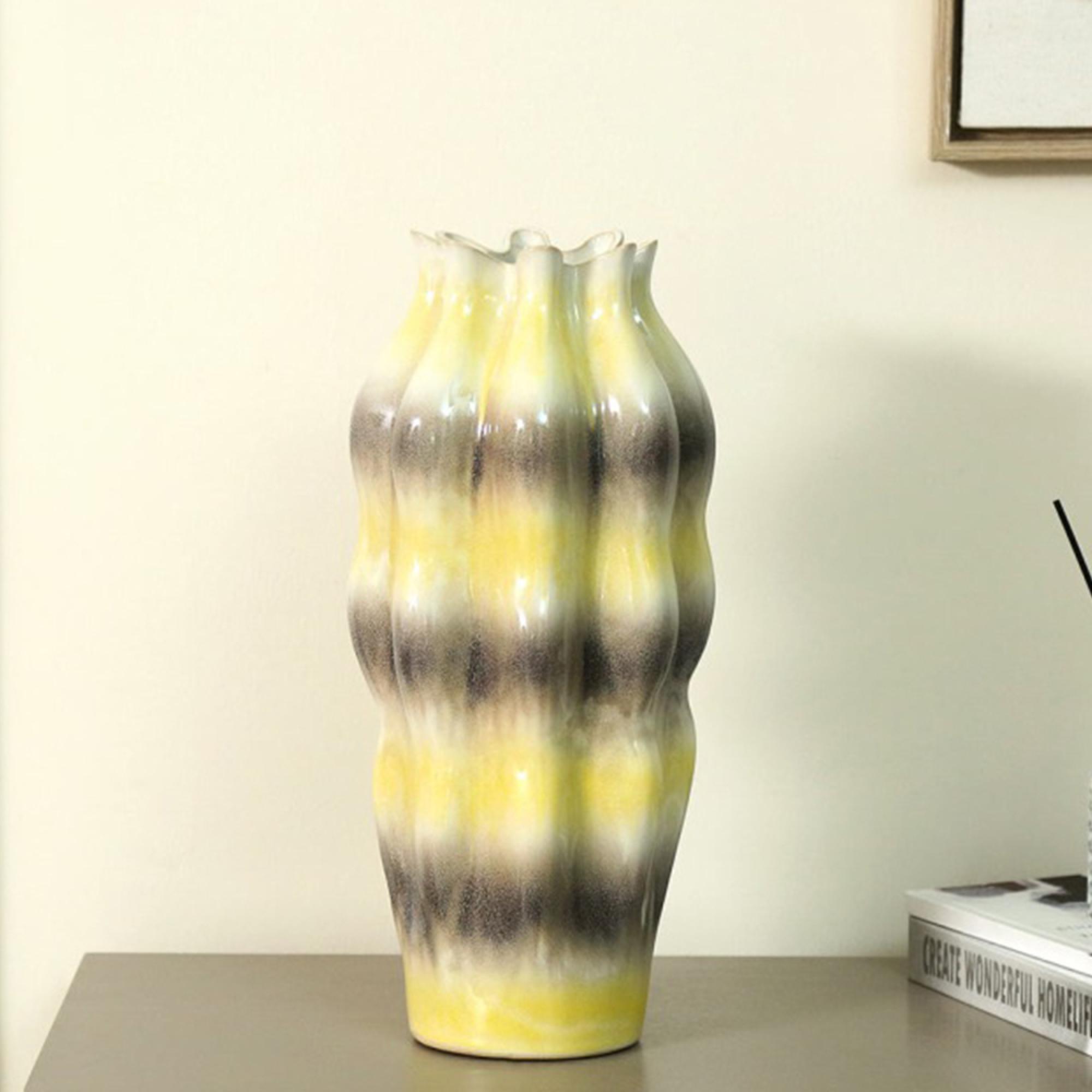 Vase - Beige and Grey Stripes - Ceramic - Large