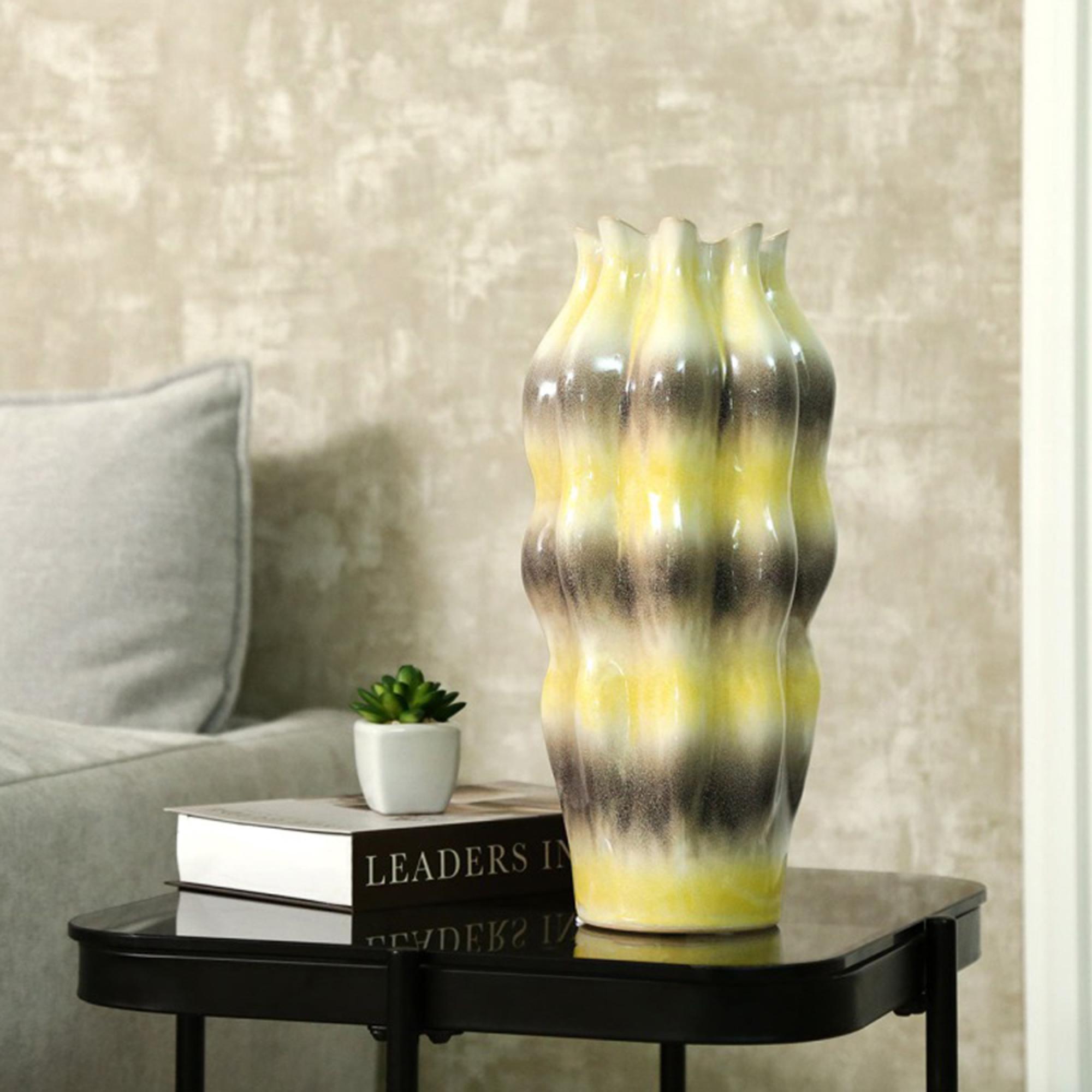 Vase - Beige and Grey Stripes - Ceramic - Small