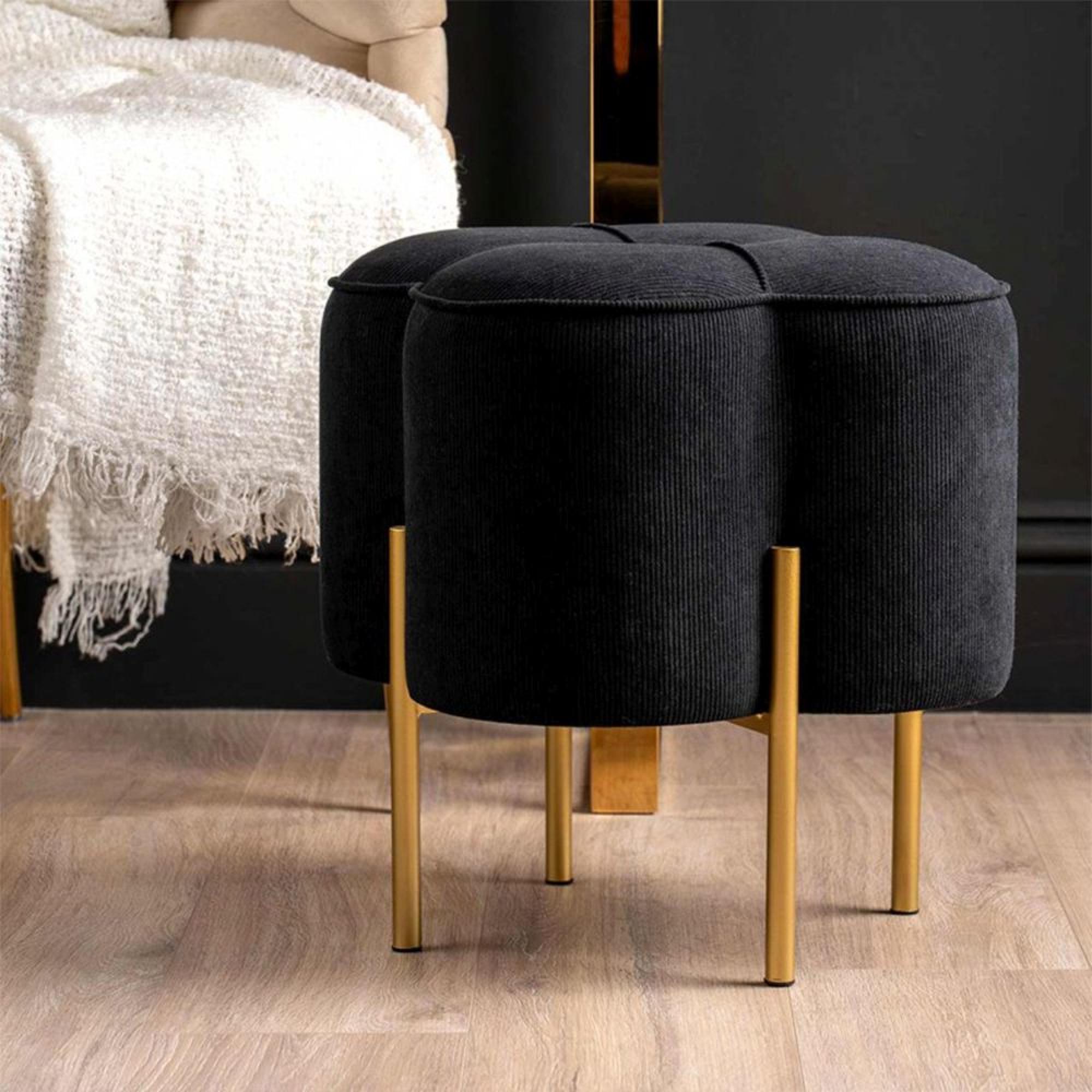 Clover Ottoman Footstool - Black Velvet Fabric