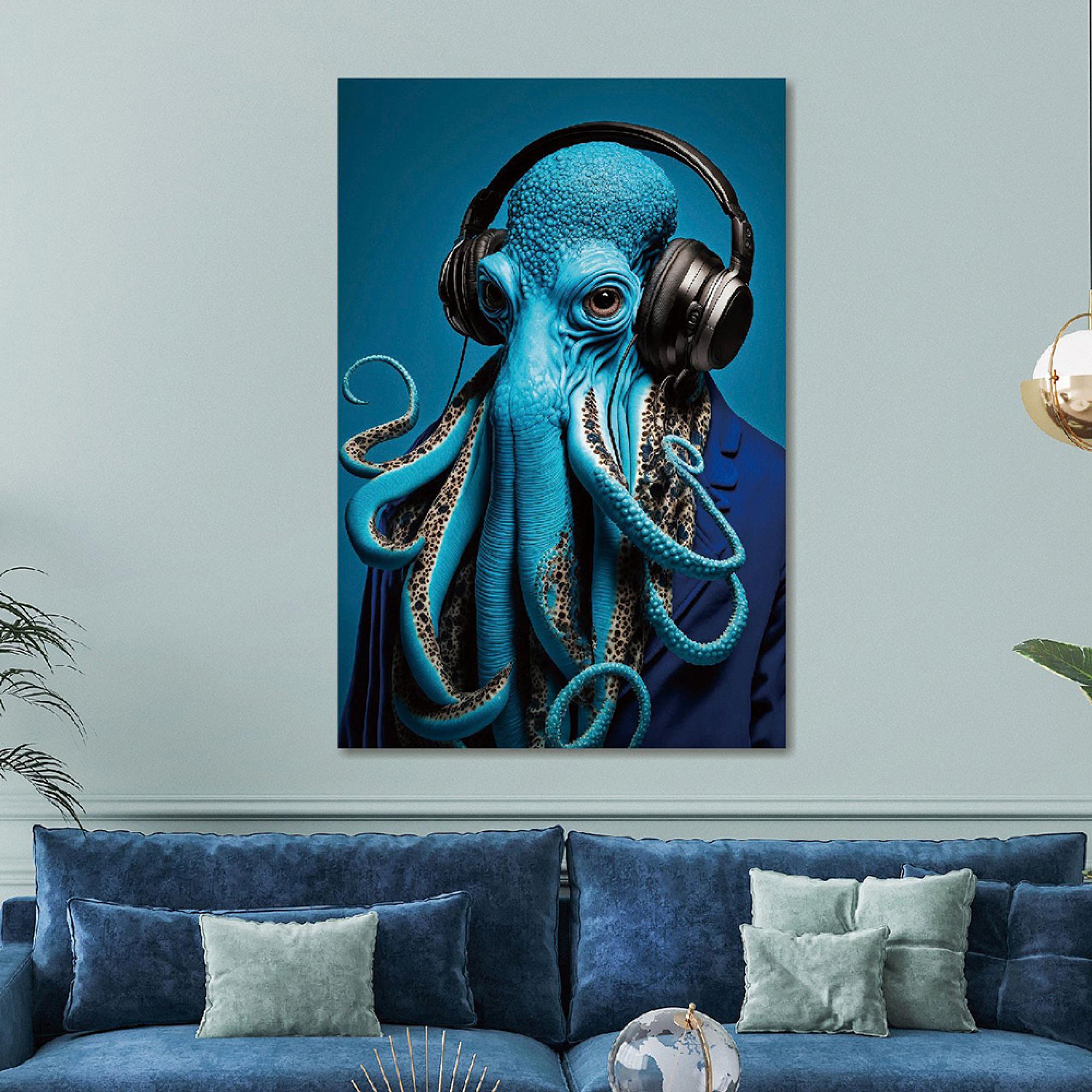 Blue Octopus Tempered Glass Wall Art