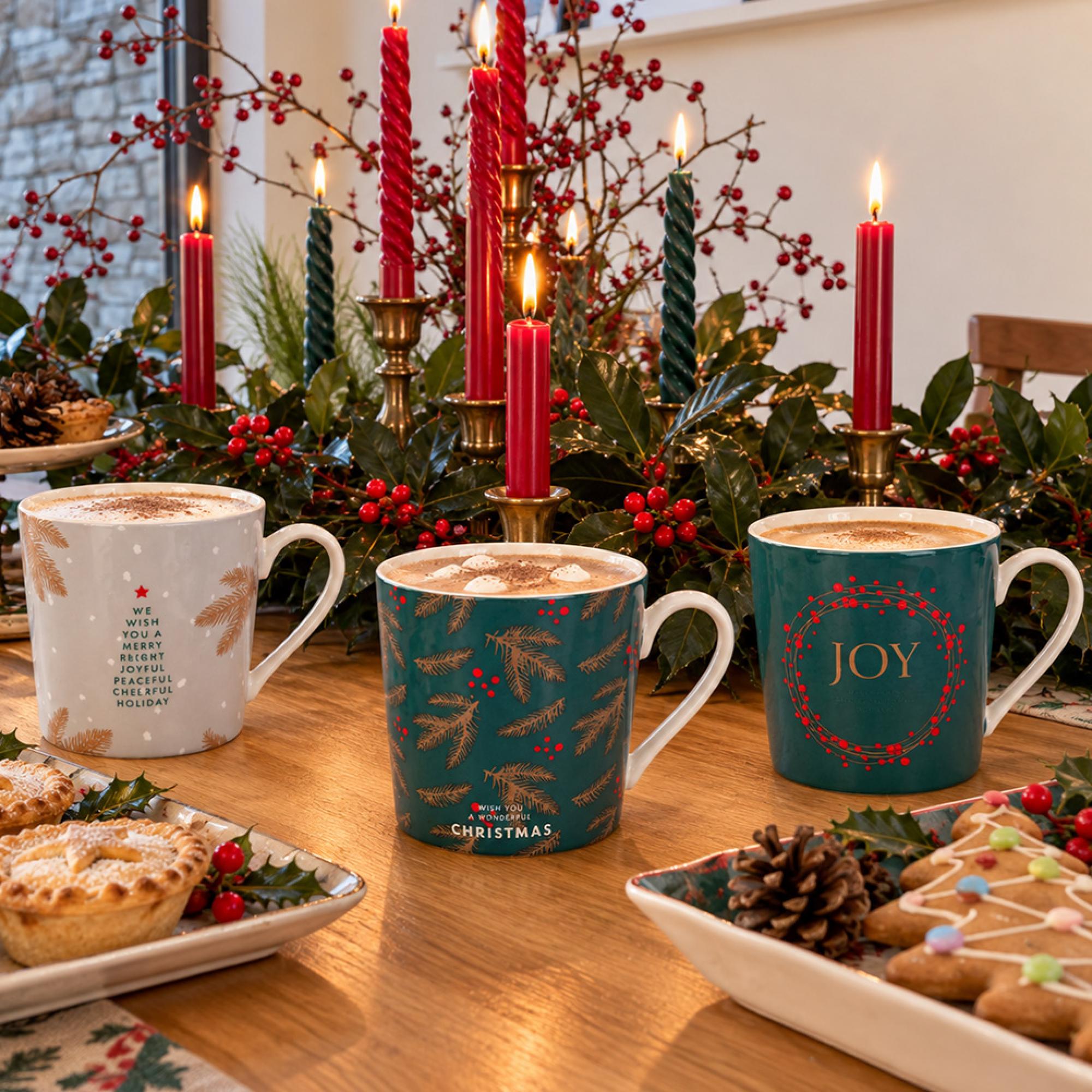 Festive Fir Ceramic Mugs - Green and White - Set of 6