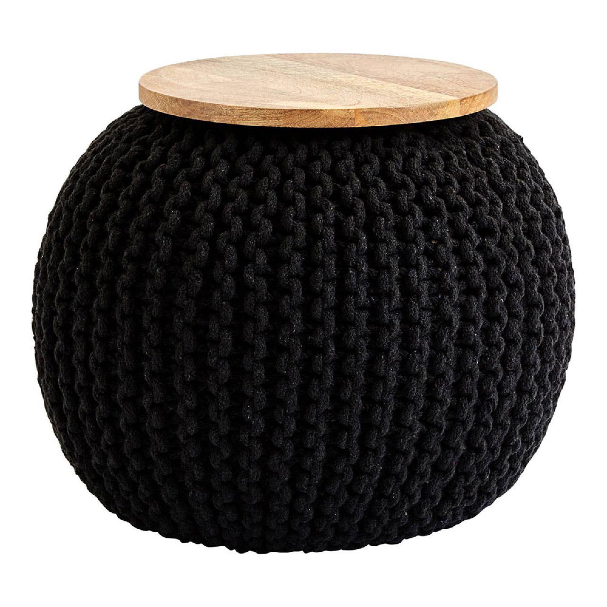 Fusion Pouffe - Mango Wood with Black Woven Round Design