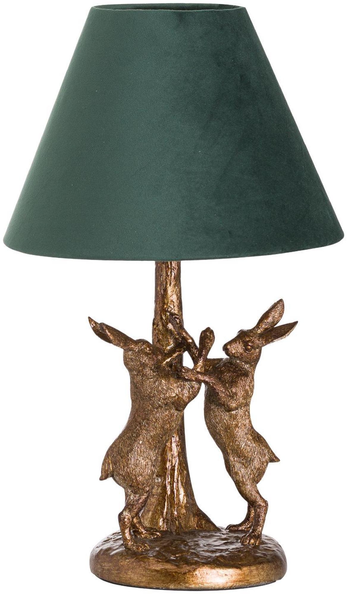 Marching Hares Lamp - Antique Gold Resin - Green Velvet Shade