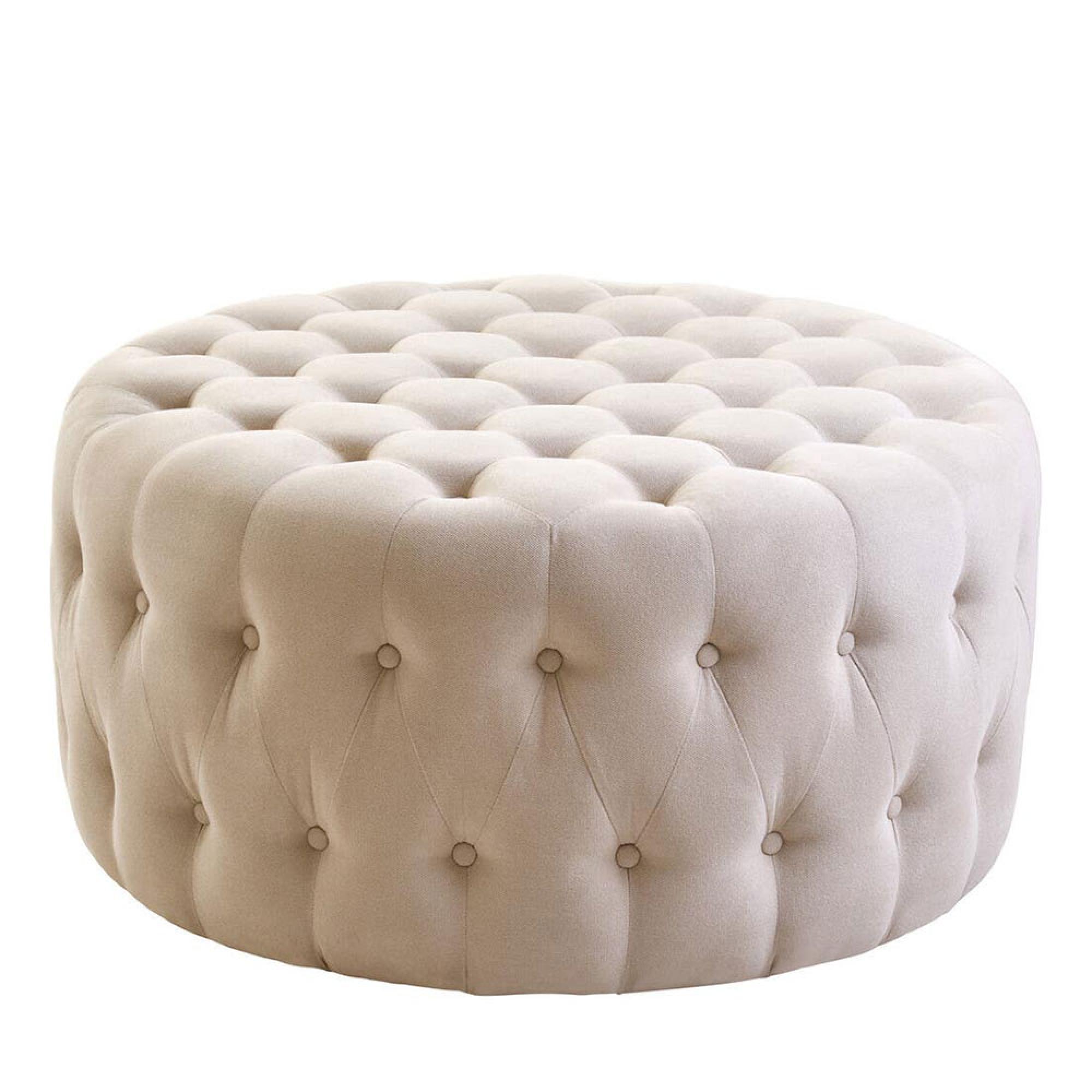 Haley Footstool - Tufted - Round - Beige Velvet Fabric