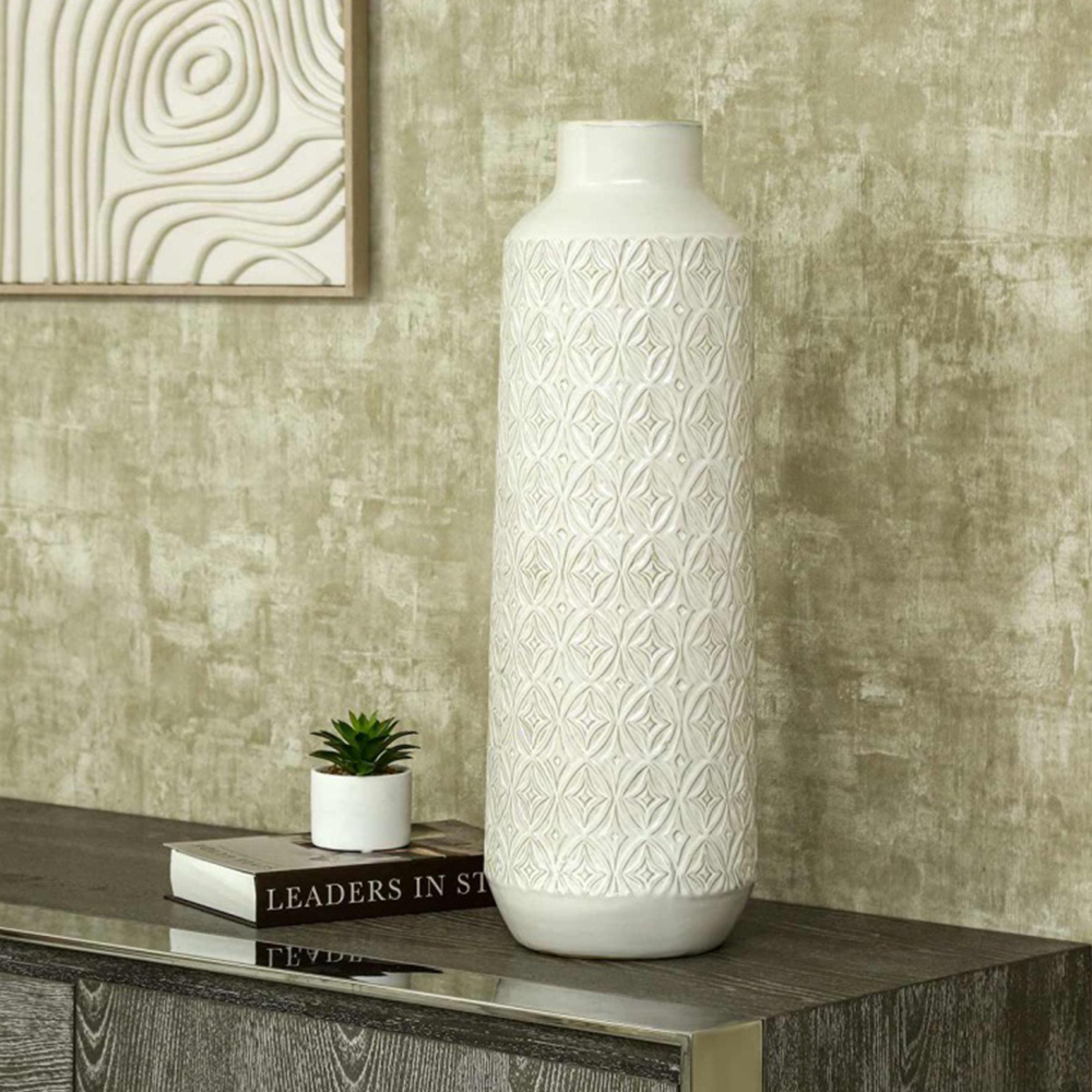 Vase - Handmade - White Carved - Ceramic
